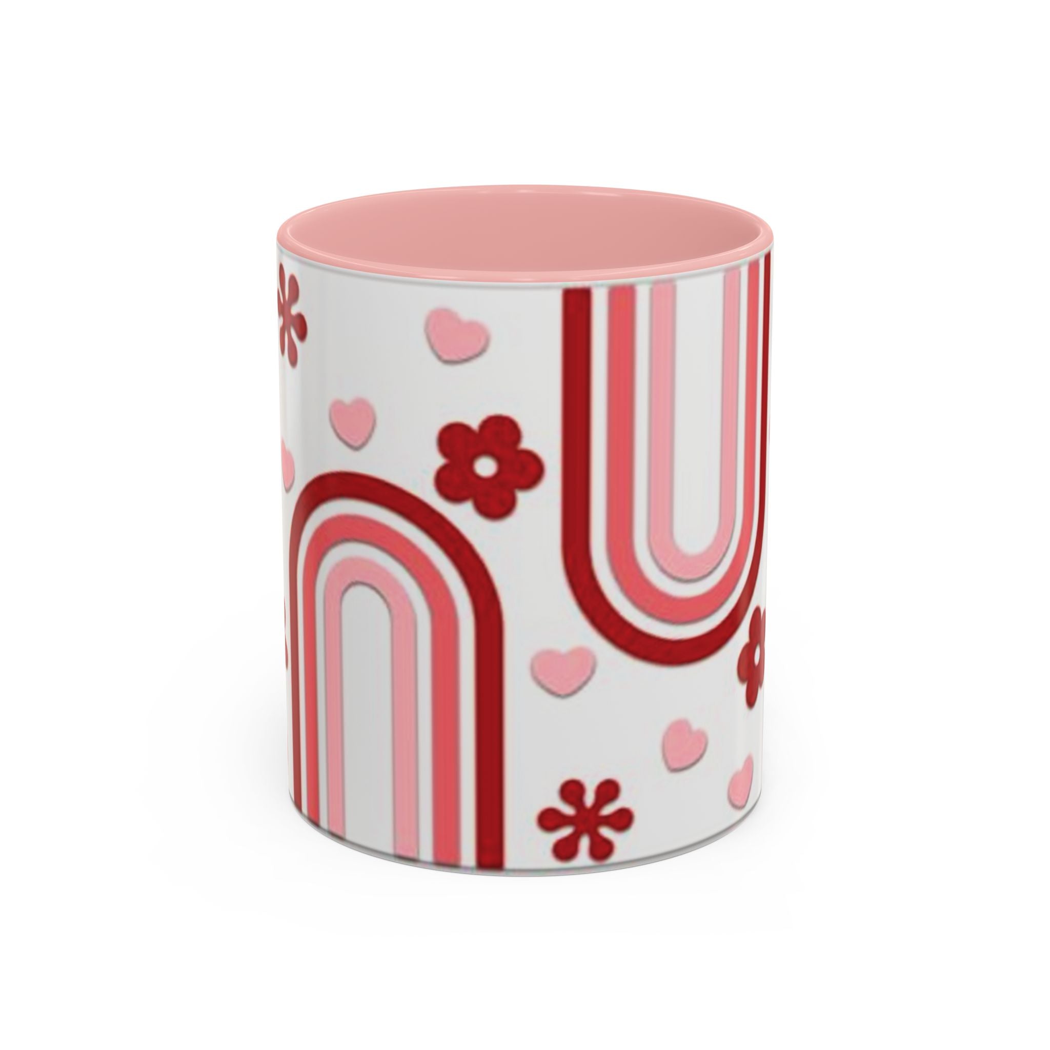 Retro Pink Rainbow Hearts and Flowers Accent Mug | 11oz or 15oz
