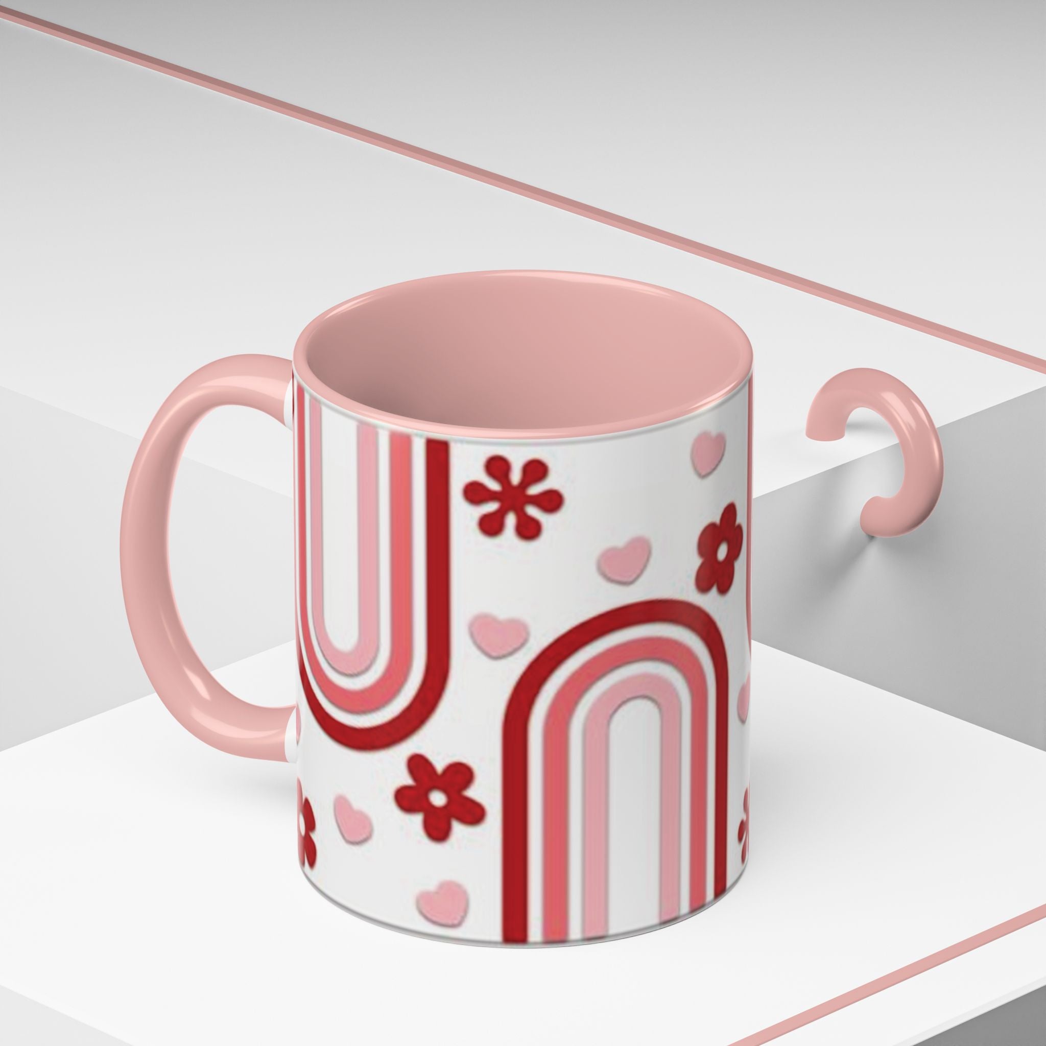 Retro Pink Rainbow Hearts and Flowers Accent Mug | 11oz or 15oz