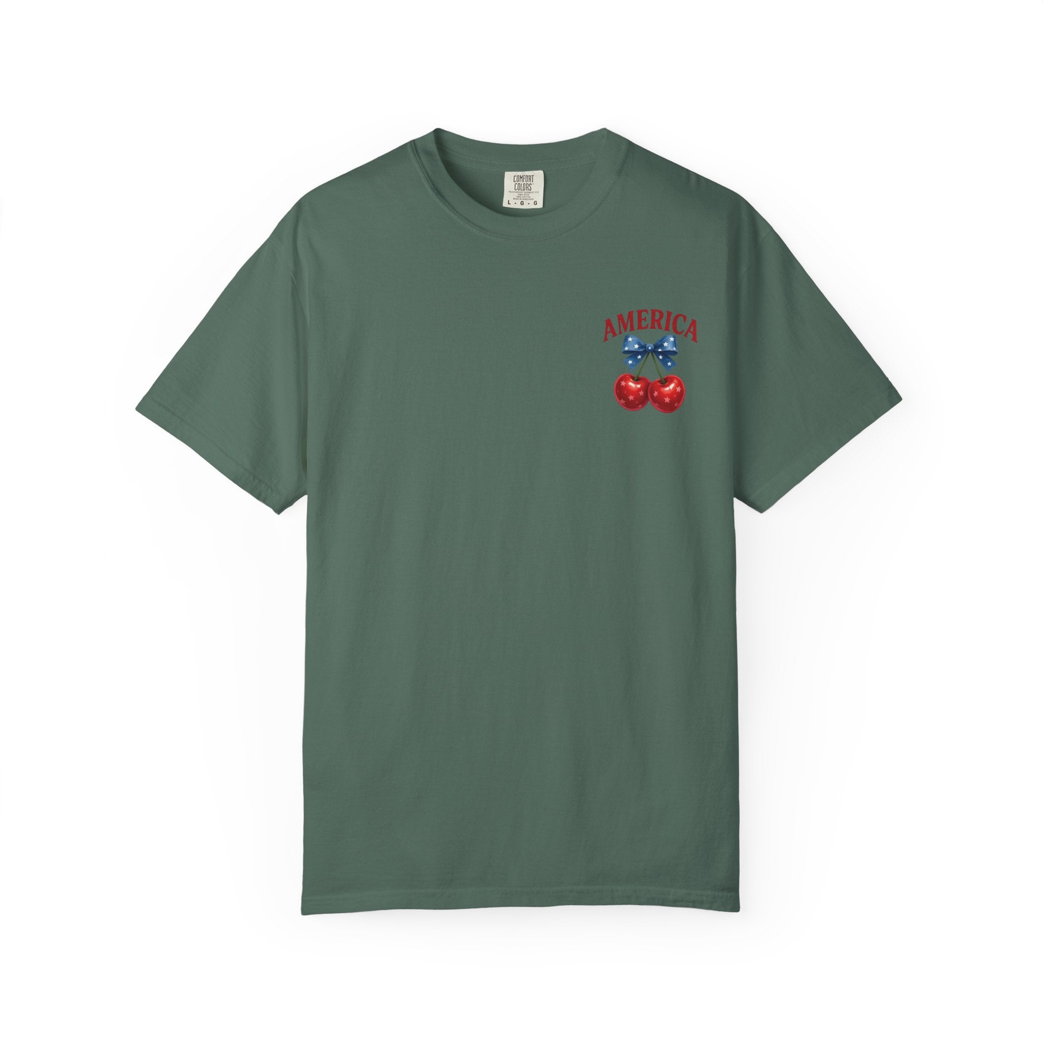 America Cherry Bow T-shirt | Patriotic Stars & Stripes Cherry Design