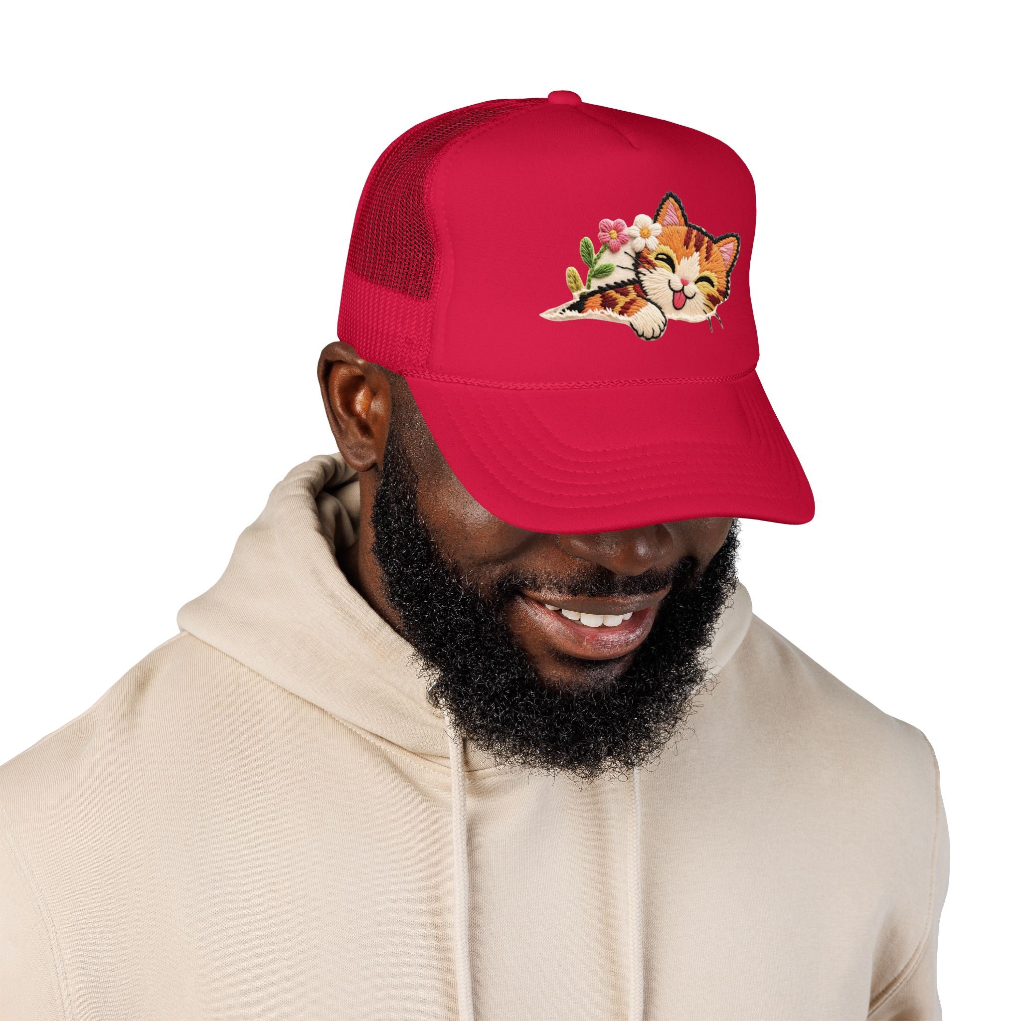 Trucker Hat — Cute Sleeping Calico Cat with Flowers Foam Mesh Cap