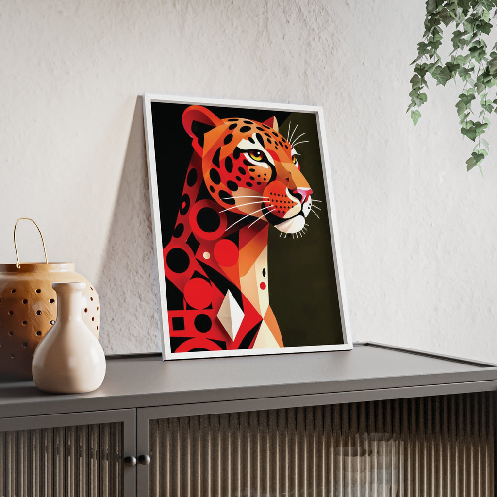 Geometric Leopard Art Poster with Wooden Frame — Bold Wildlife Wall Decor