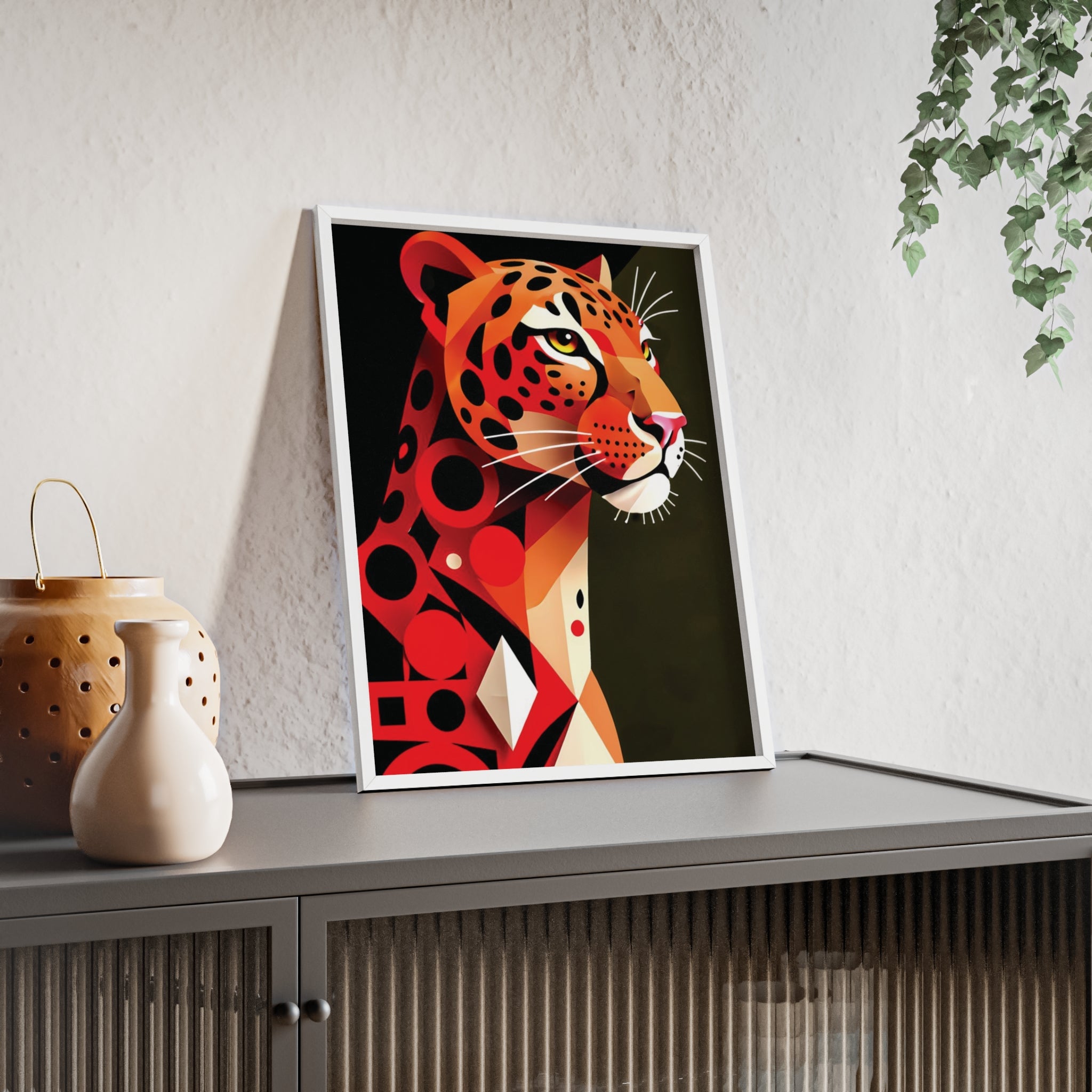 Geometric Leopard Art Poster with Wooden Frame — Bold Wildlife Wall Decor