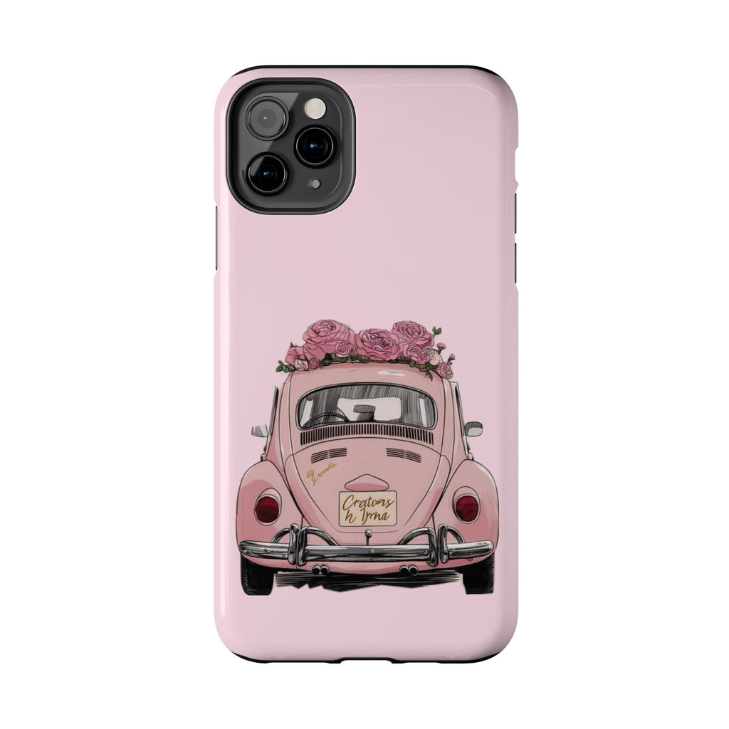 Vintage Pink Beetle with Roses Phone Case | Floral Car Tough Phone Case