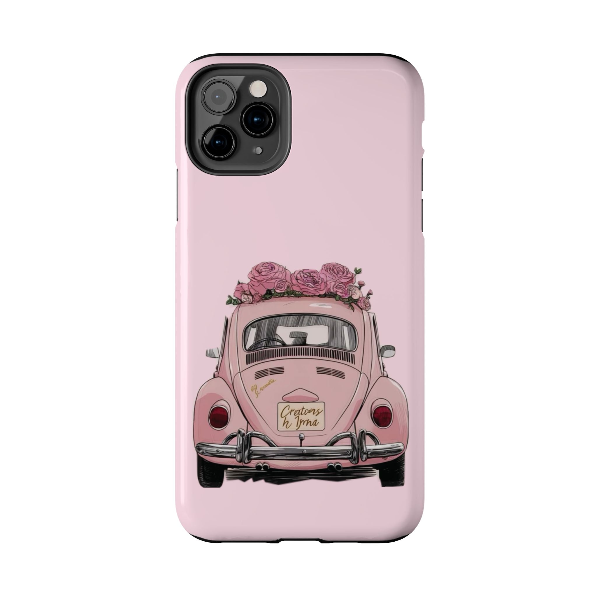 Vintage Pink Beetle with Roses Phone Case | Floral Car Tough Phone Case