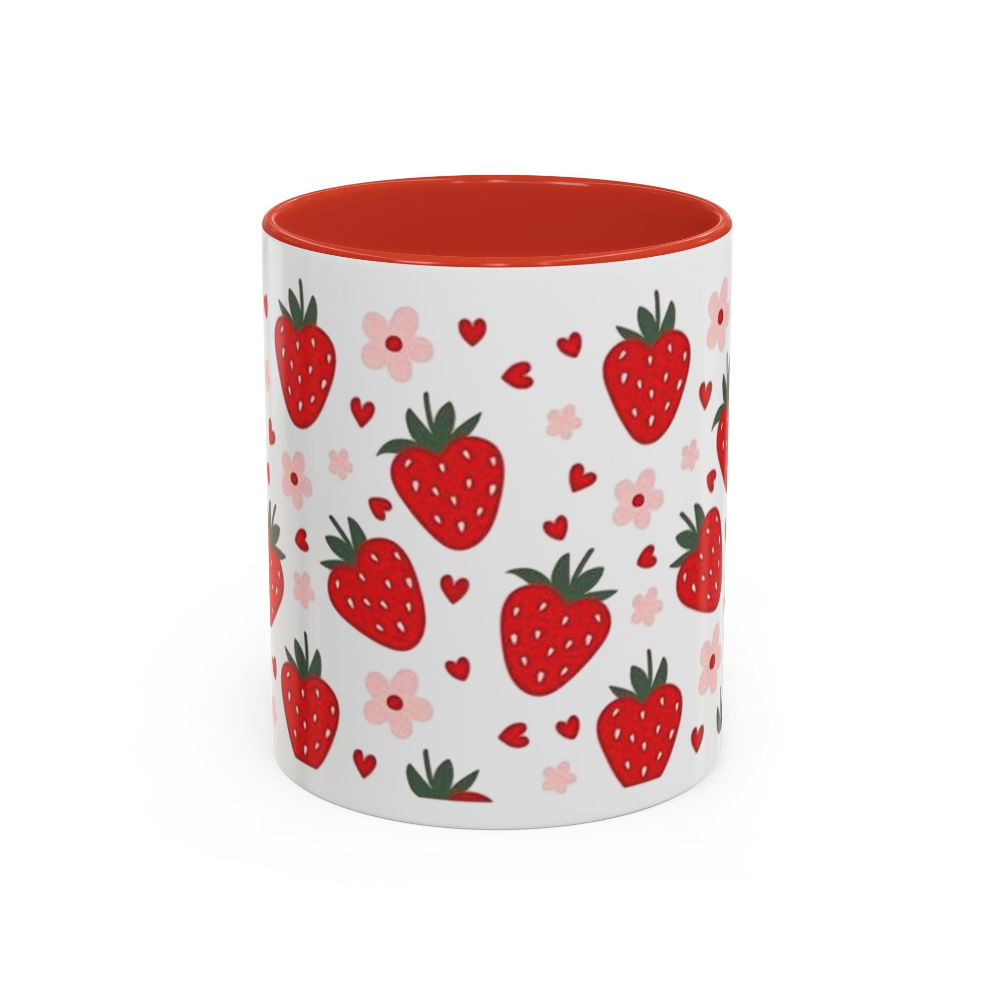 Strawberry Pattern Accent Coffee Mug — Cute Red Berries & Hearts 11/15oz