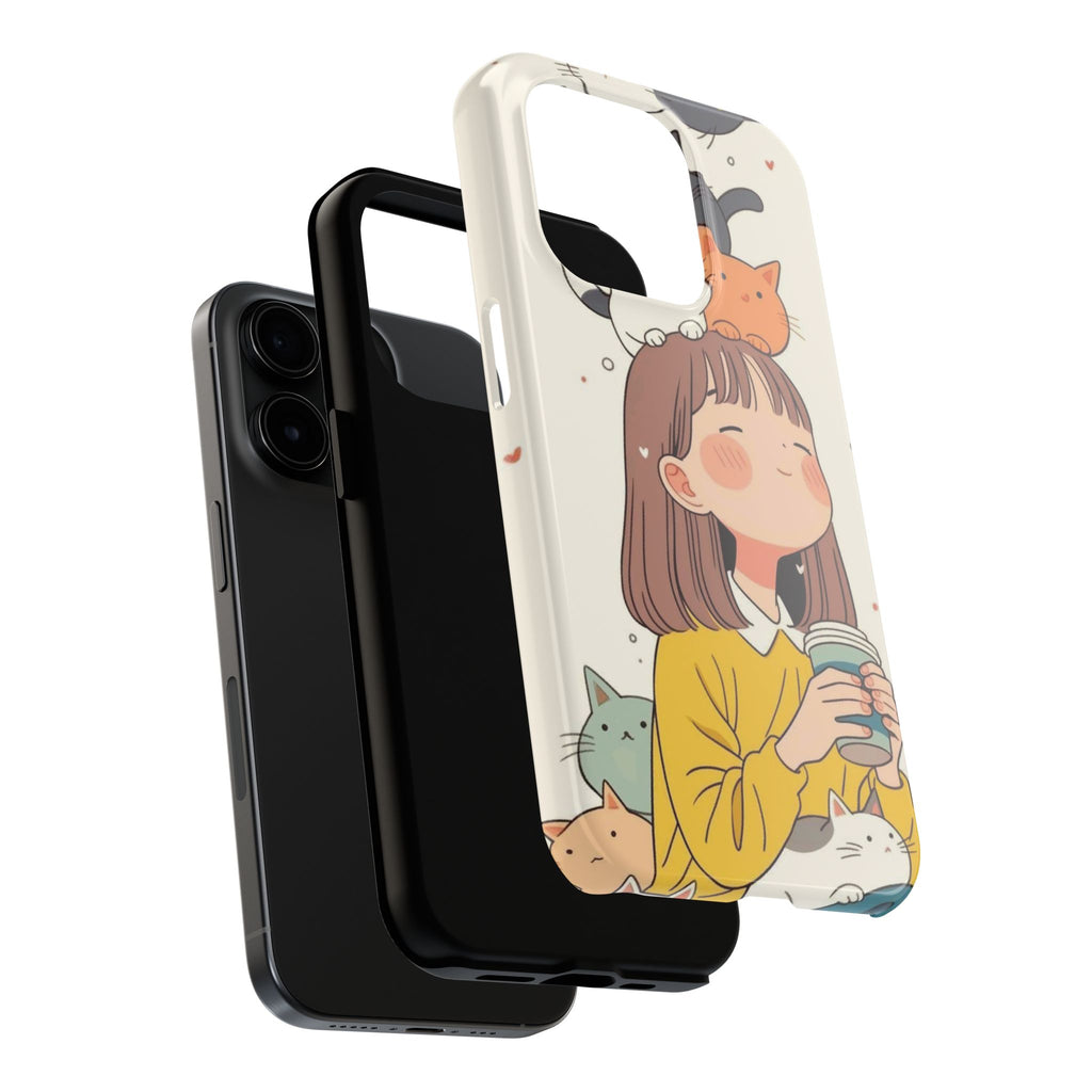 Girl with Cats Phone Case | Cute Cat Stack Illustration