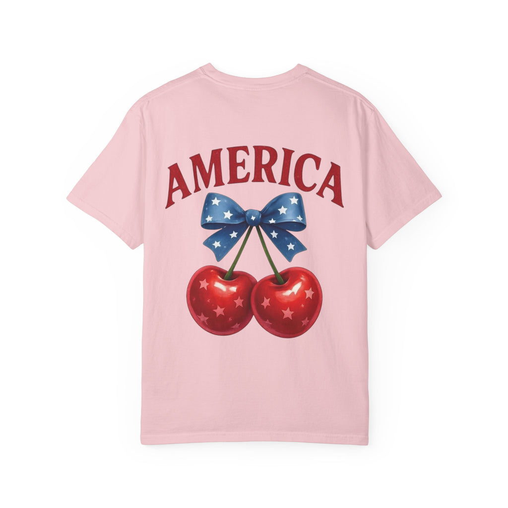 America Cherry Bow T-shirt | Patriotic Stars & Stripes Cherry Design