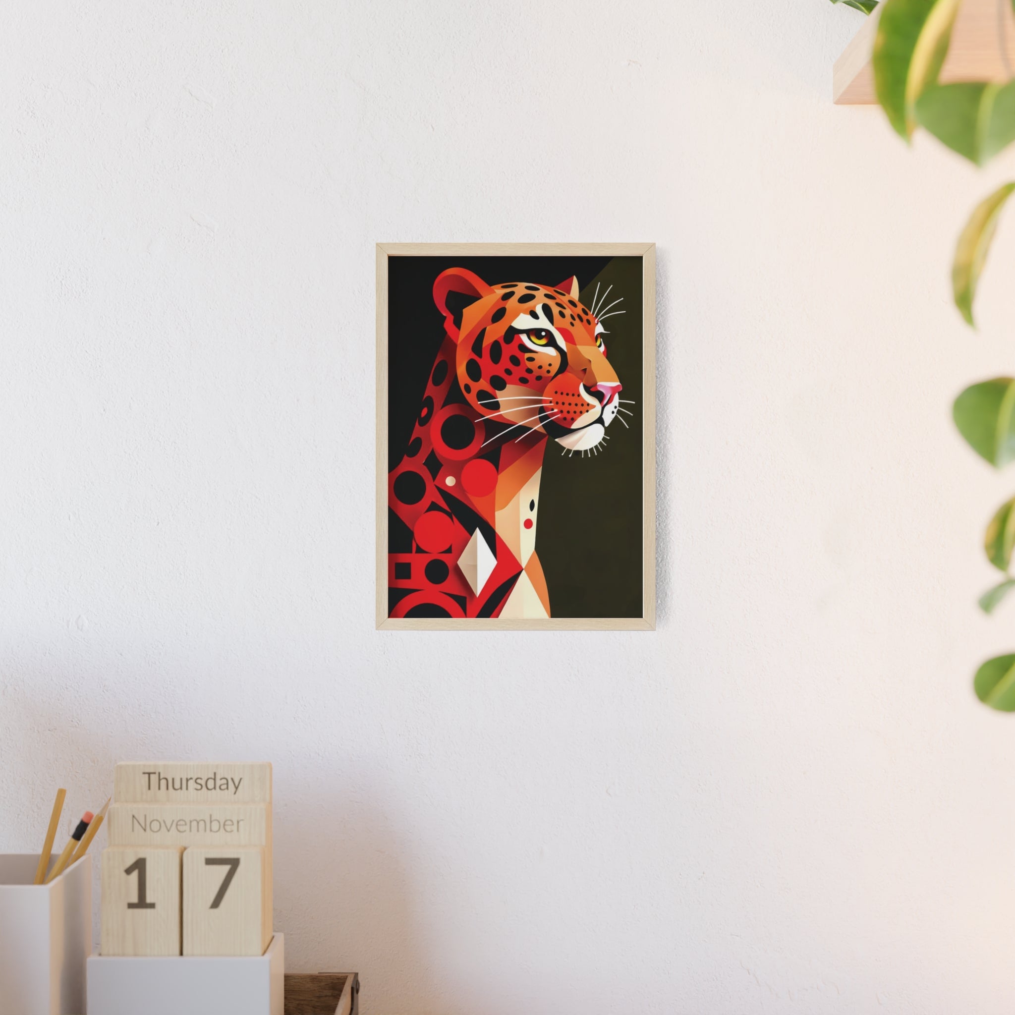 Geometric Leopard Art Poster with Wooden Frame — Bold Wildlife Wall Decor