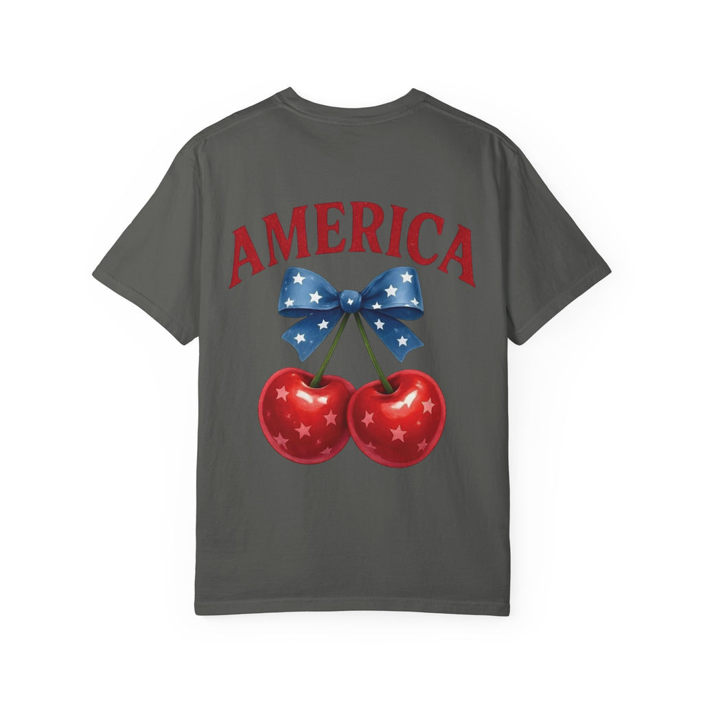 America Cherry Bow T-shirt | Patriotic Stars & Stripes Cherry Design
