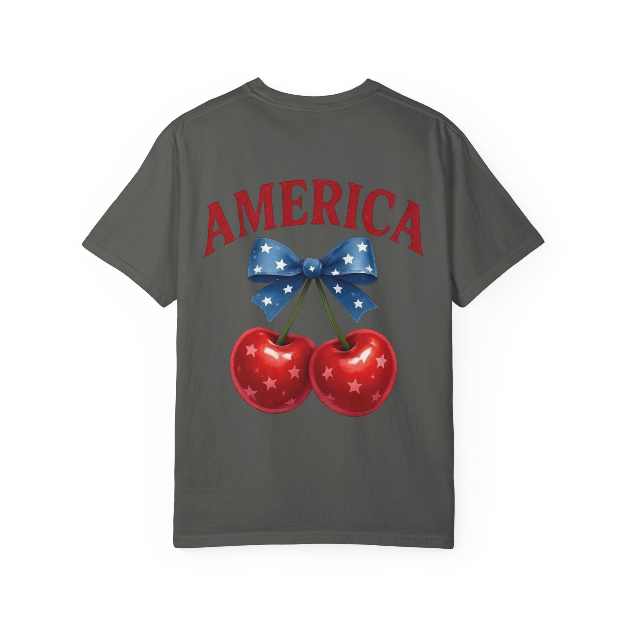 America Cherry Bow T-shirt | Patriotic Stars & Stripes Cherry Design