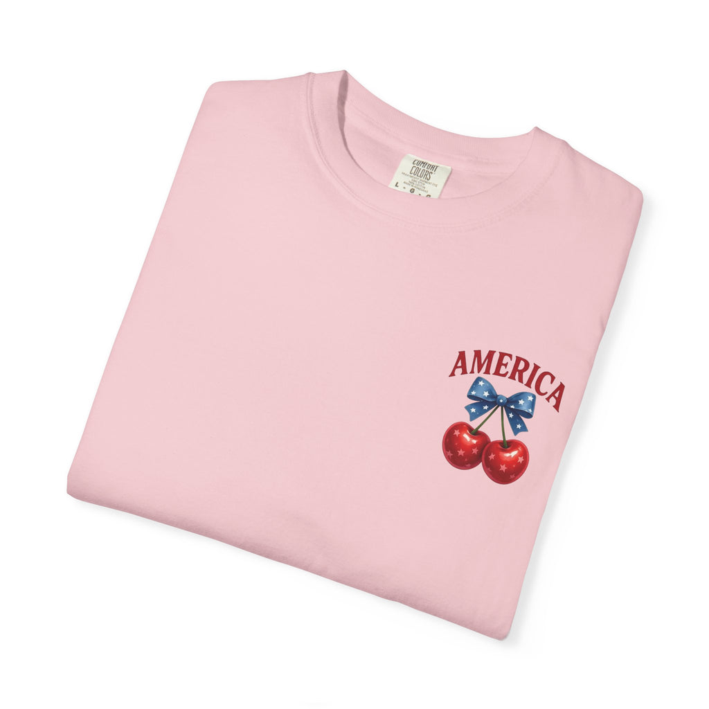America Cherry Bow T-shirt | Patriotic Stars & Stripes Cherry Design