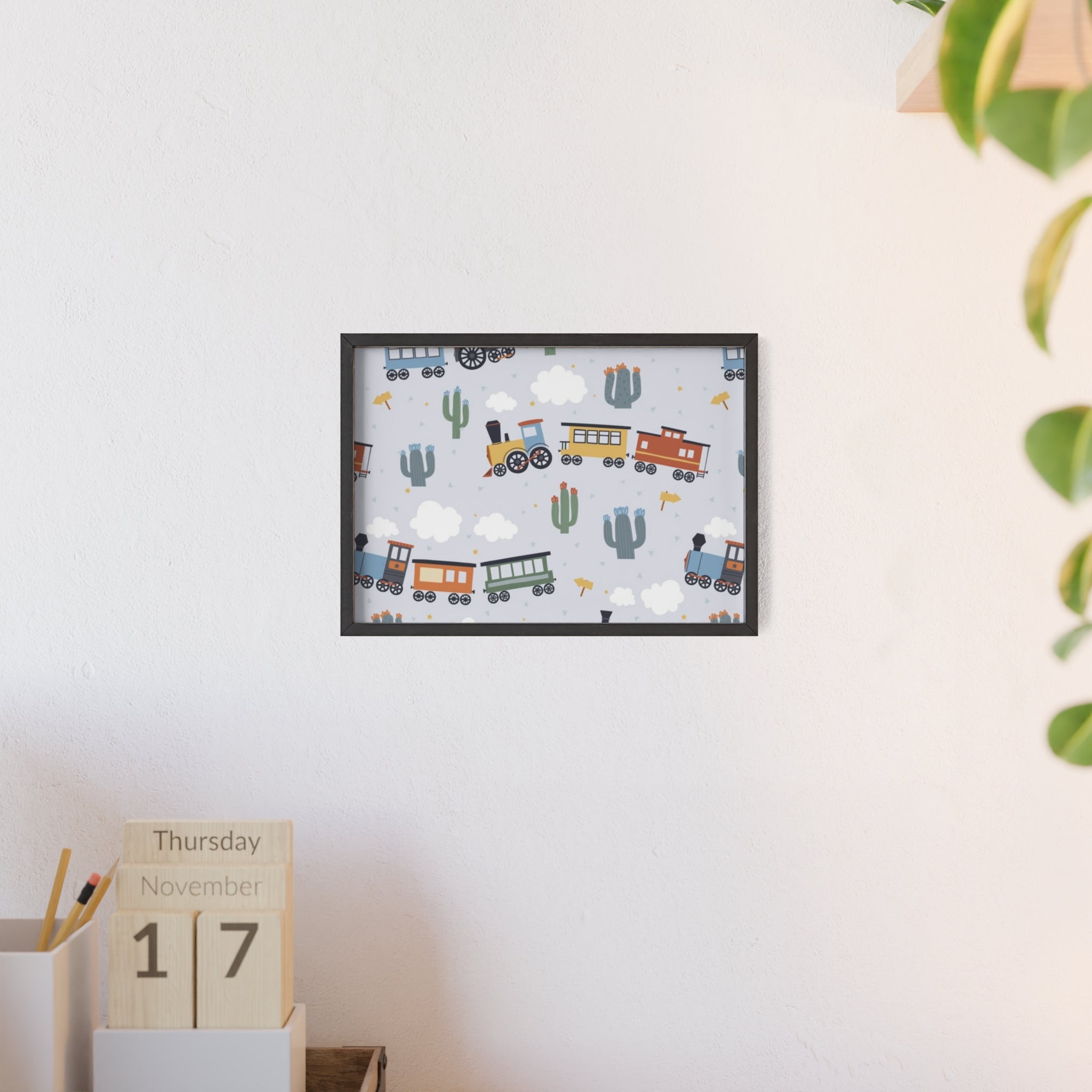 Kids' Train Poster with Wooden Frame — Nursery Wall Art, Playroom Decor