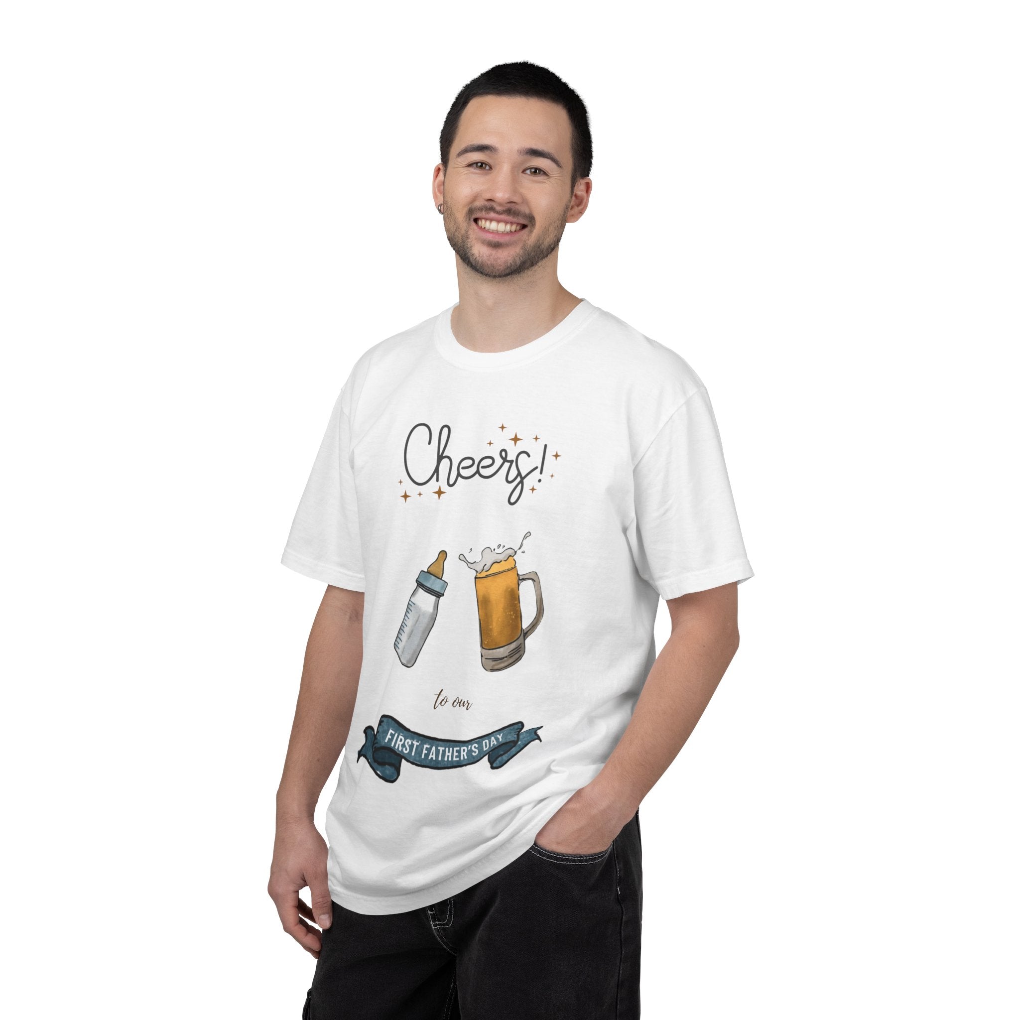 Cheers! Baby Bottle and Beer Mug First Father's Day T-Shirt | New Dad Tee