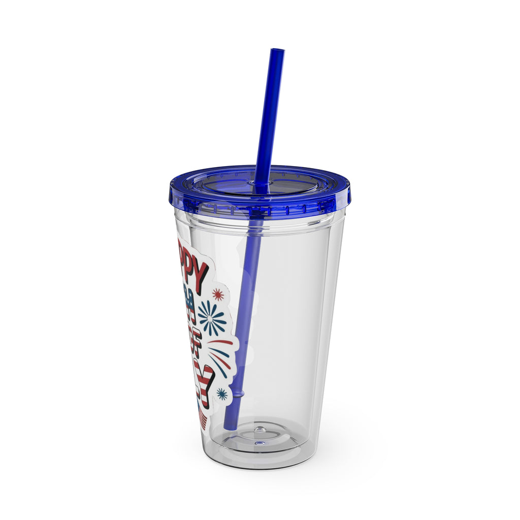 Happy 4th of July Tumbler | 16oz Straw Cup, Patriotic Fireworks Flag Design