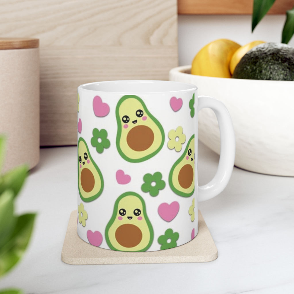 Avocado Pattern Ceramic Mug — Cute Kawaii Avocado Hearts & Flowers Coffee Cup (11oz/15oz)