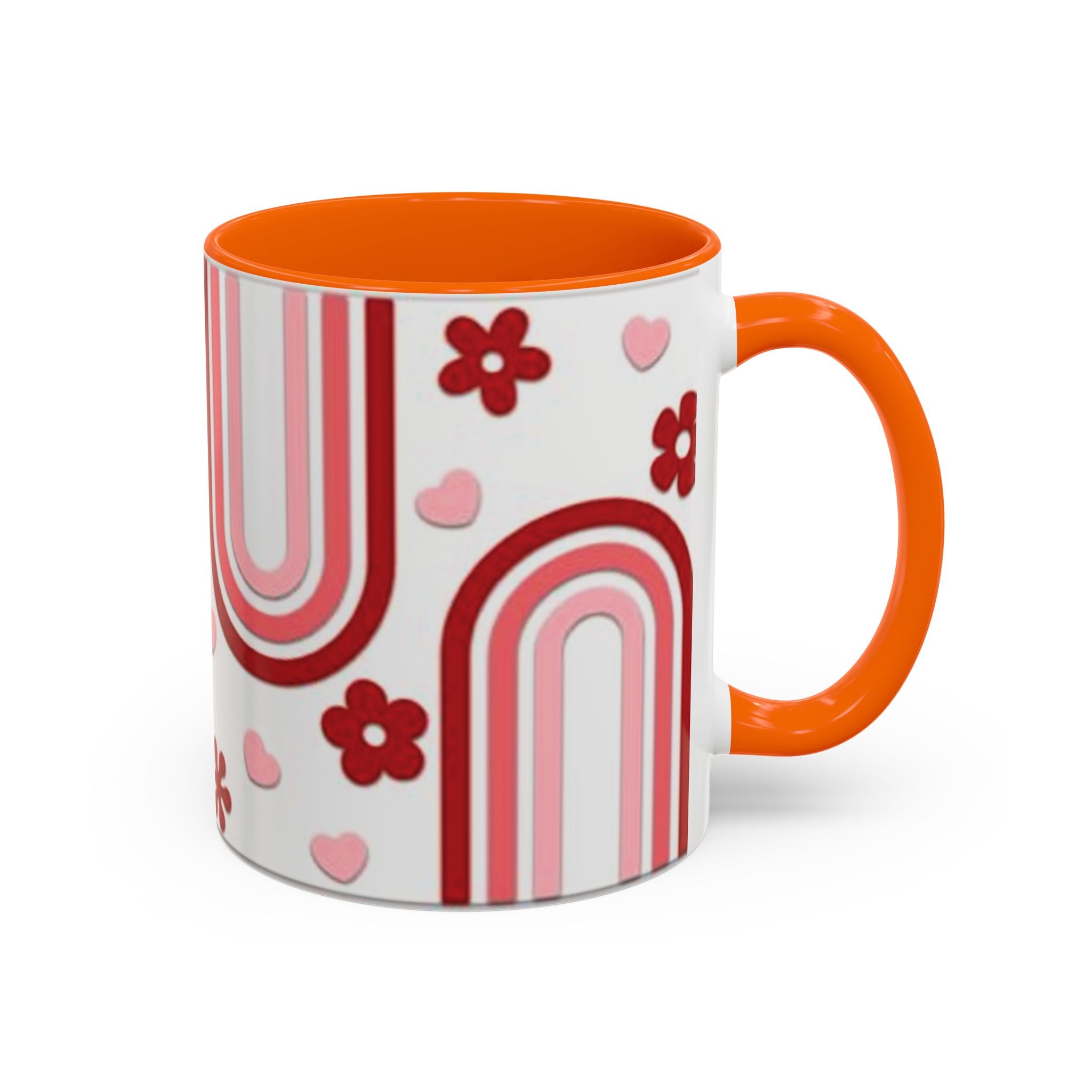 Retro Pink Rainbow Hearts and Flowers Accent Mug | 11oz or 15oz