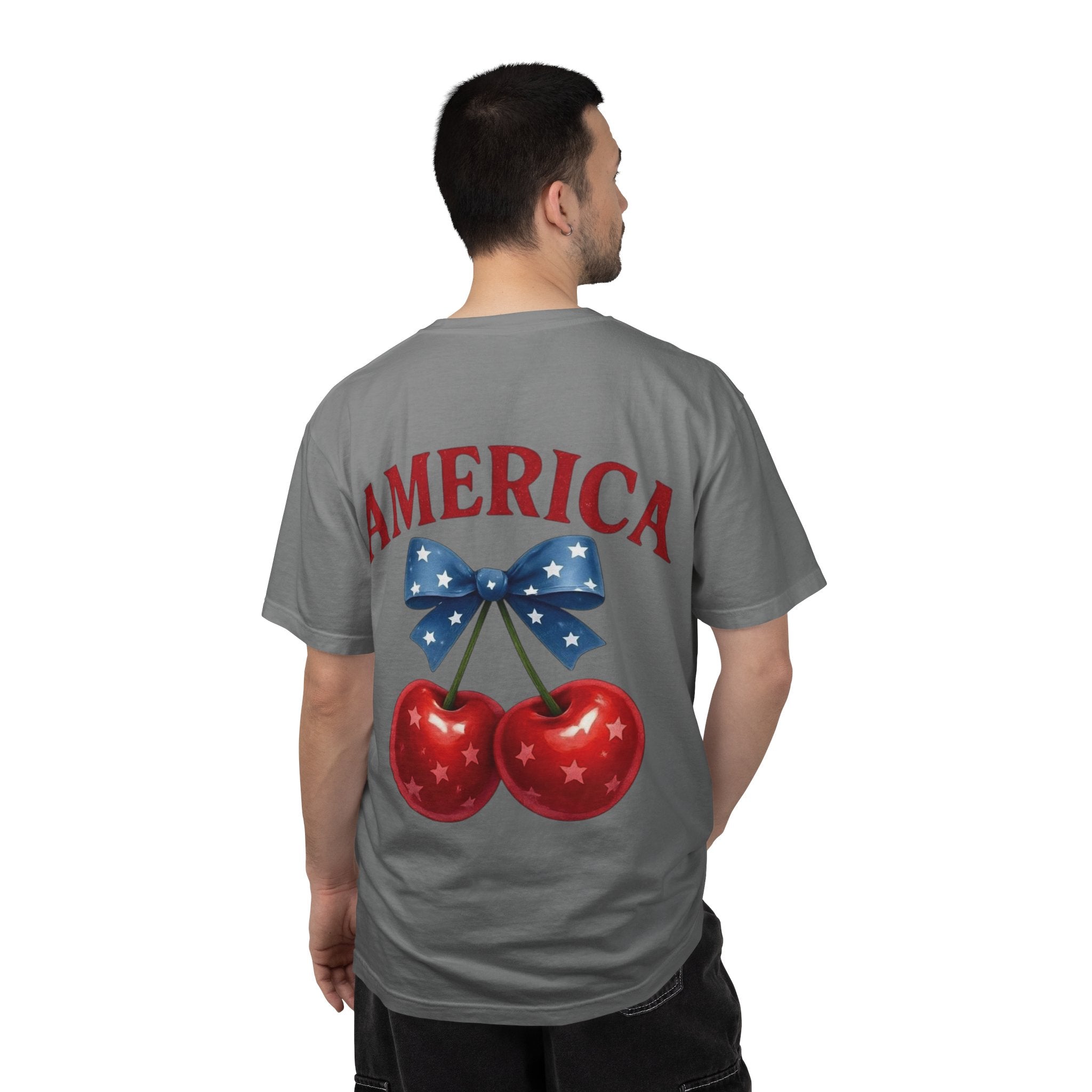 America Cherry Bow T-shirt | Patriotic Stars & Stripes Cherry Design