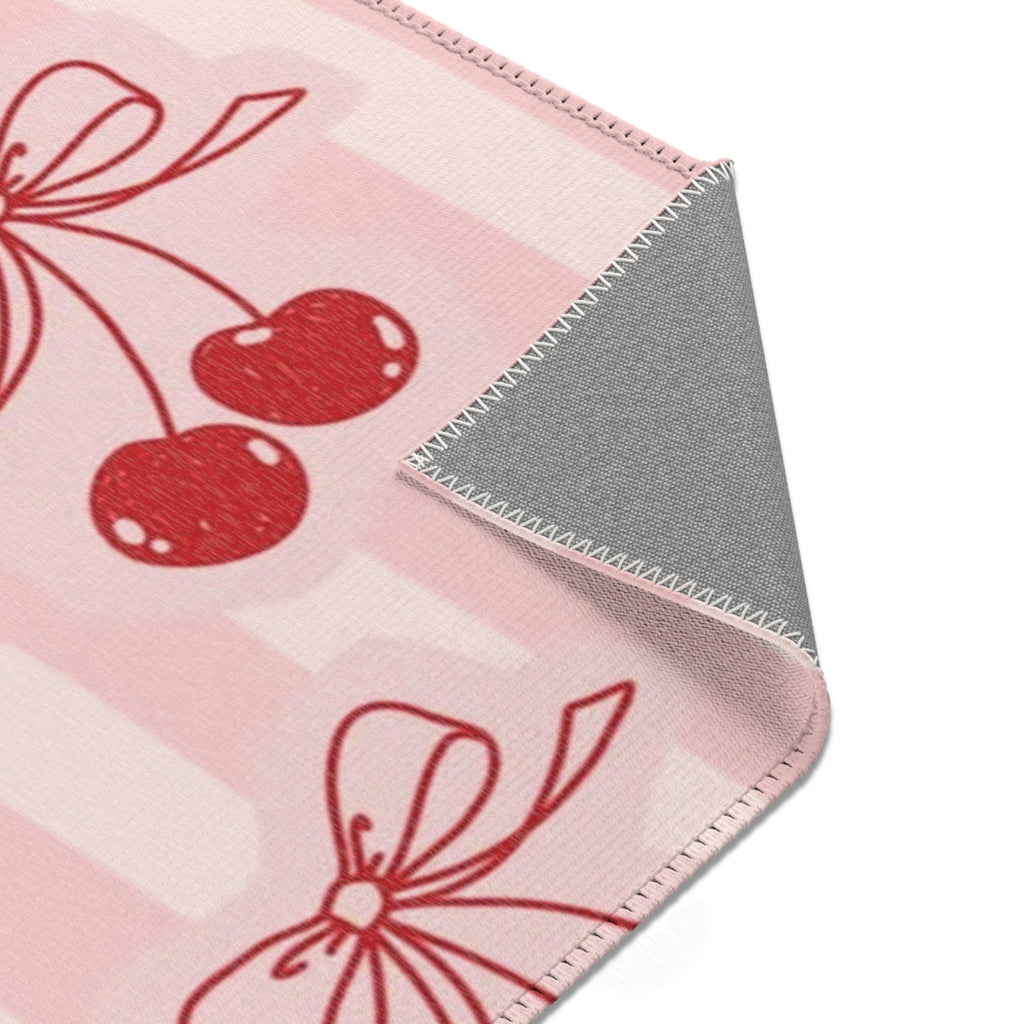 Cherry Bow Area Rug — Pink Striped Cute Kitchen or Nursery Accent Rug