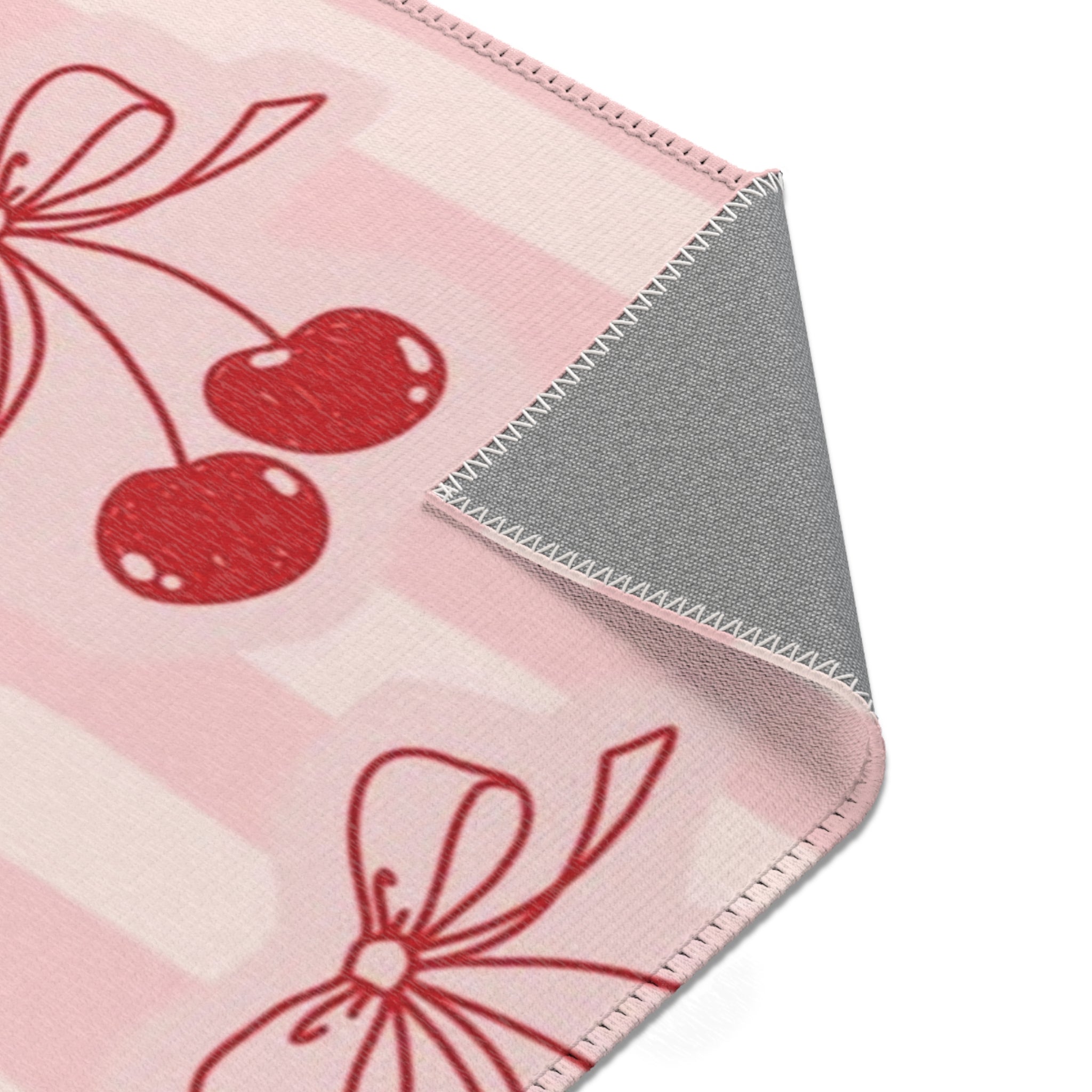 Cherry Bow Area Rug — Pink Striped Cute Kitchen or Nursery Accent Rug
