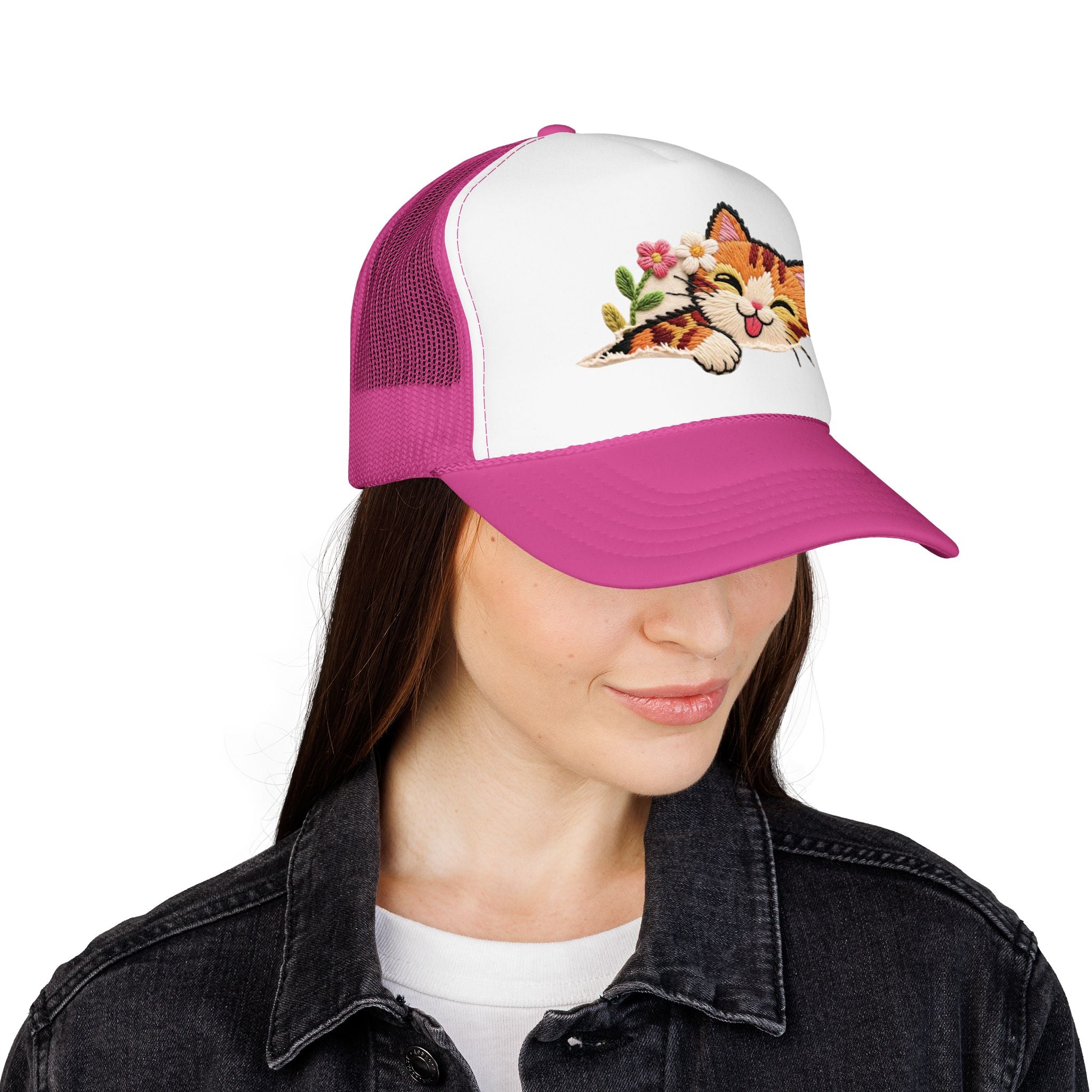 Trucker Hat — Cute Sleeping Calico Cat with Flowers Foam Mesh Cap