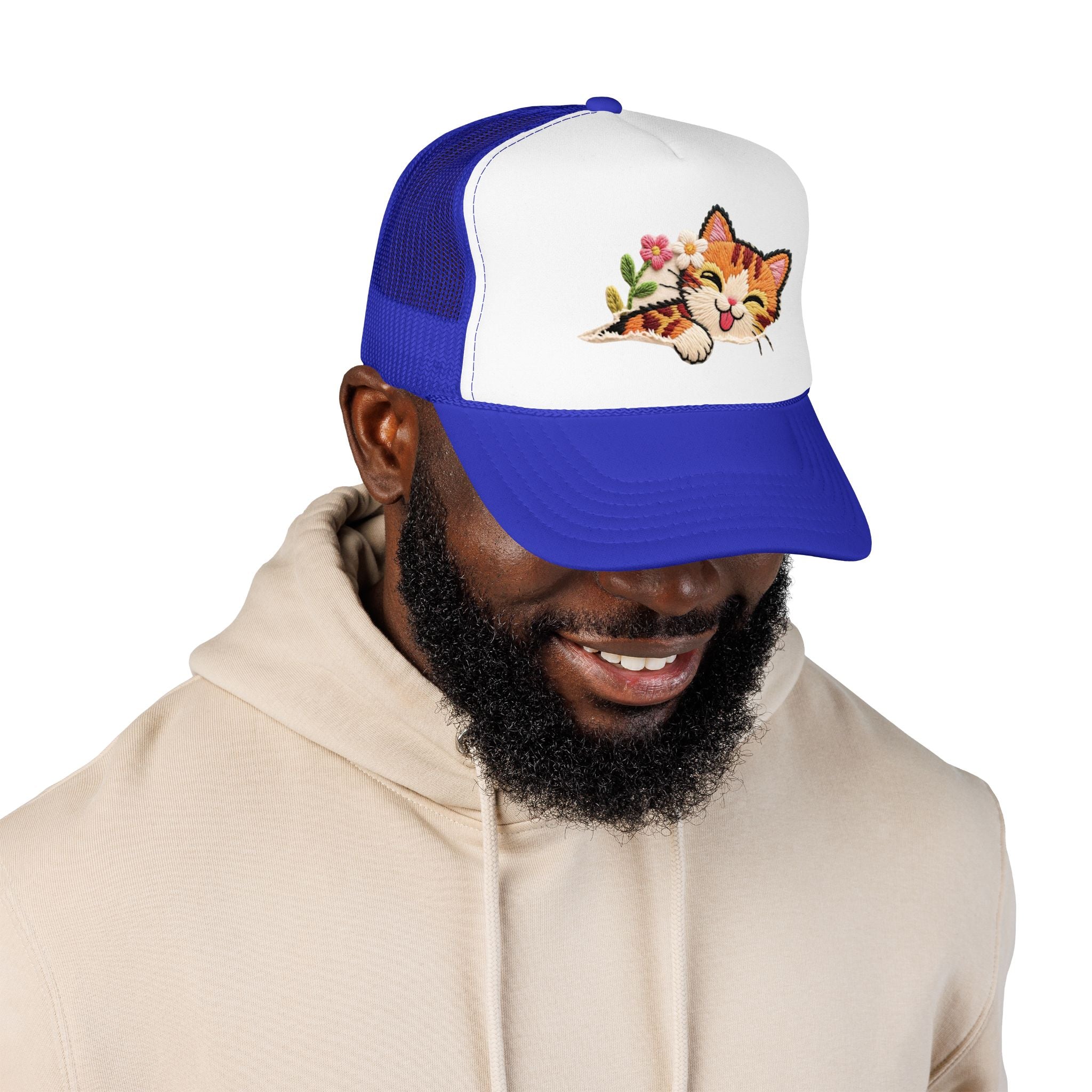 Trucker Hat — Cute Sleeping Calico Cat with Flowers Foam Mesh Cap
