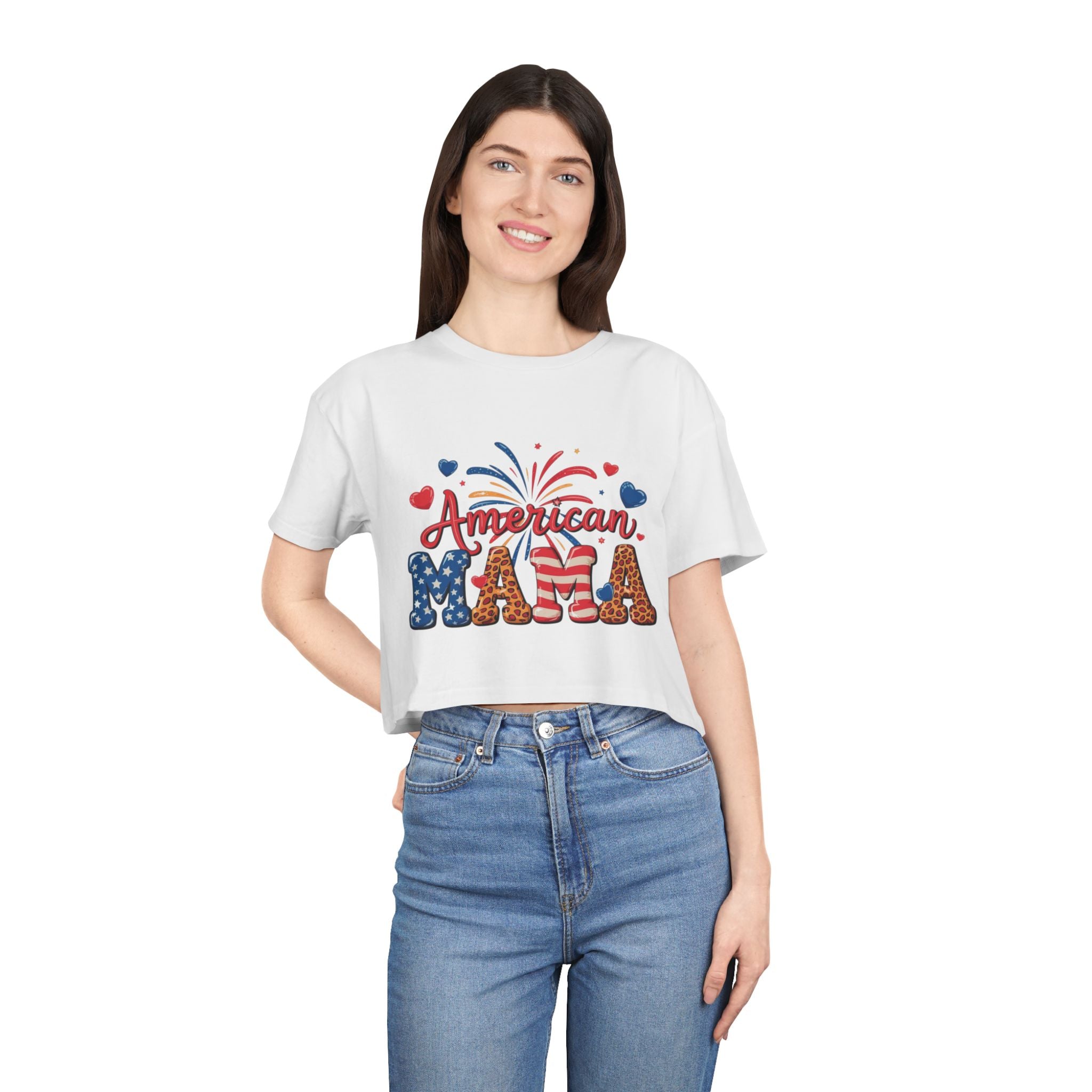 American Mama crop tee | Patriotic Fourth of July fireworks USA design