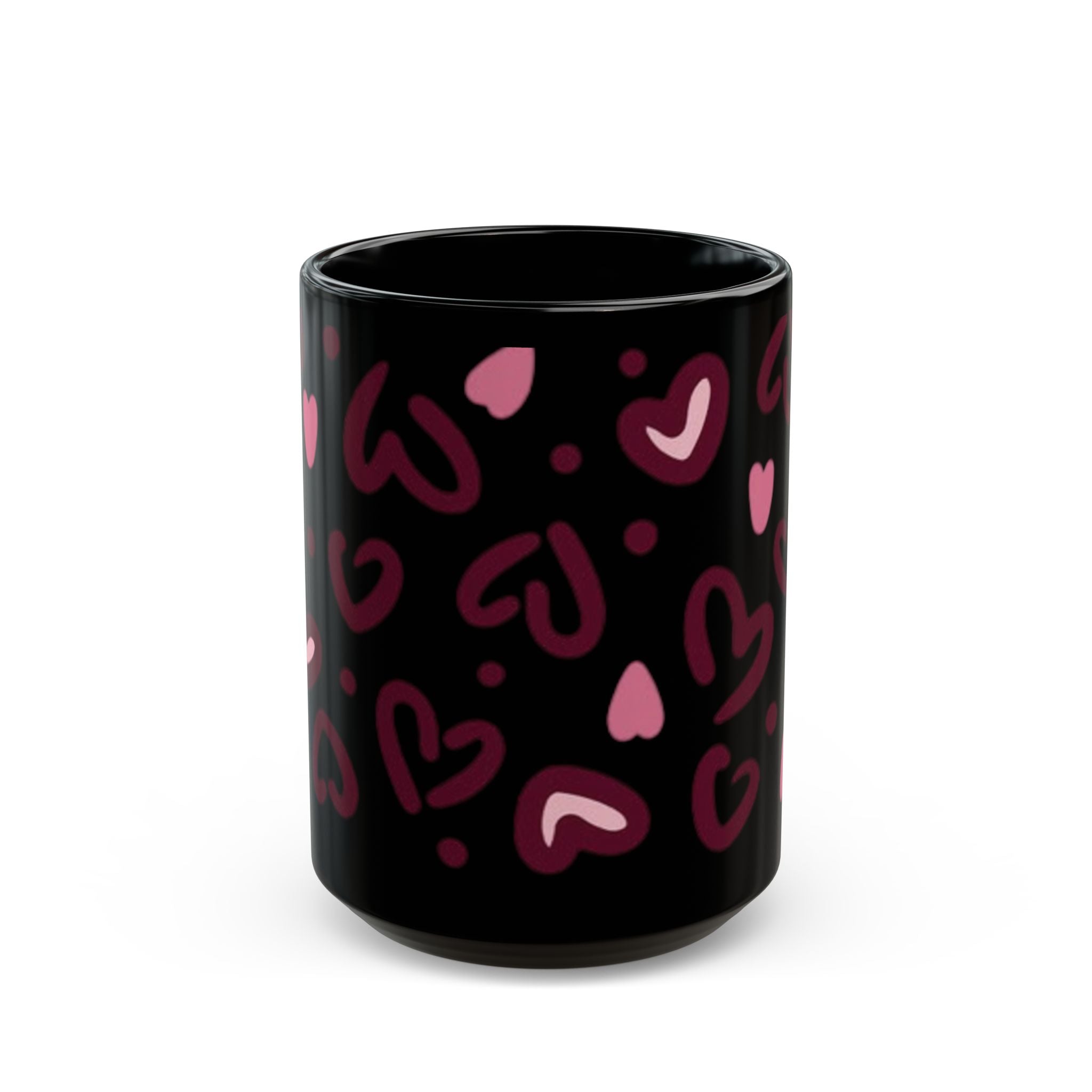 Hand-Drawn Pink Hearts Black Mug | Ceramic Heart Pattern Coffee Mug