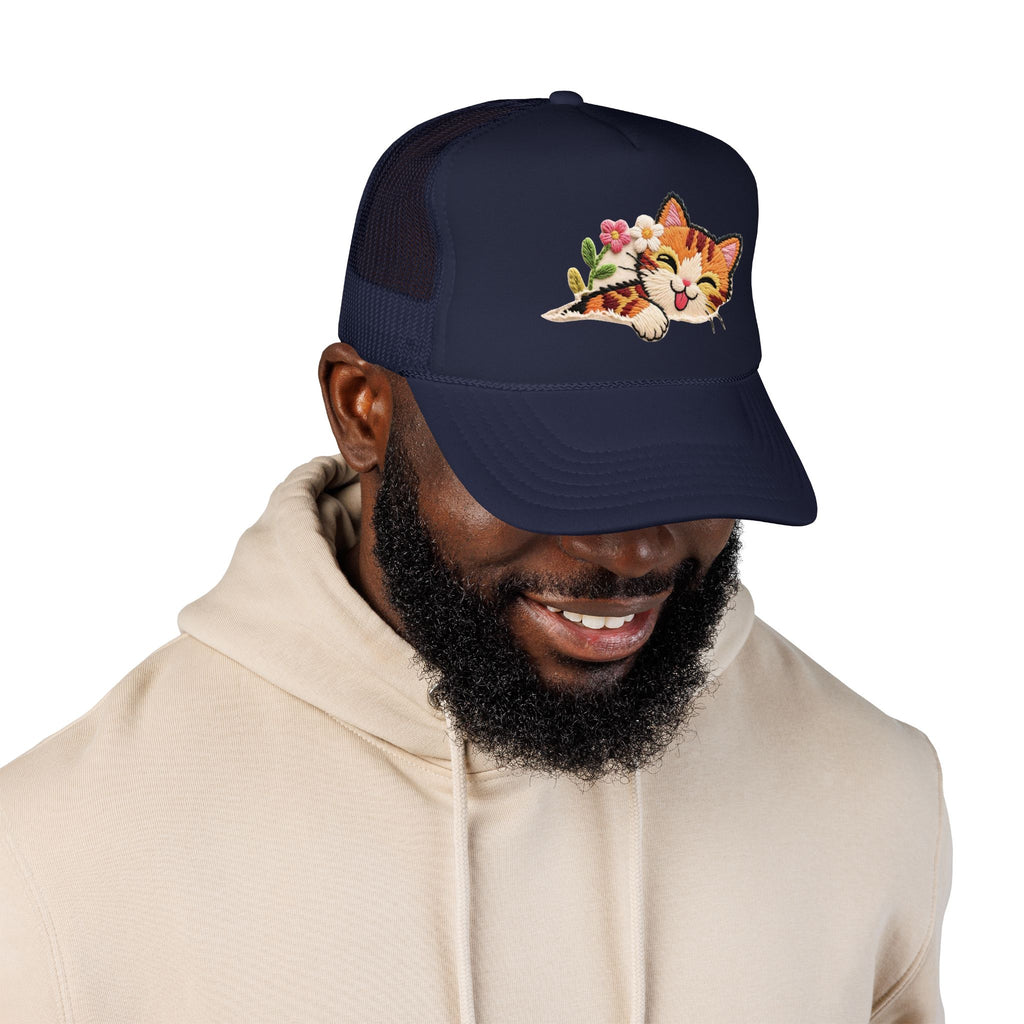Trucker Hat — Cute Sleeping Calico Cat with Flowers Foam Mesh Cap