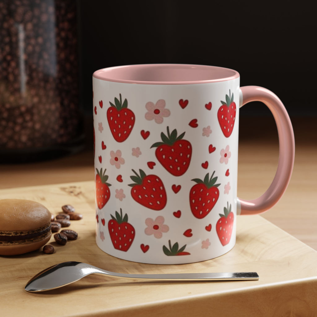 Strawberry Pattern Accent Coffee Mug — Cute Red Berries & Hearts 11/15oz