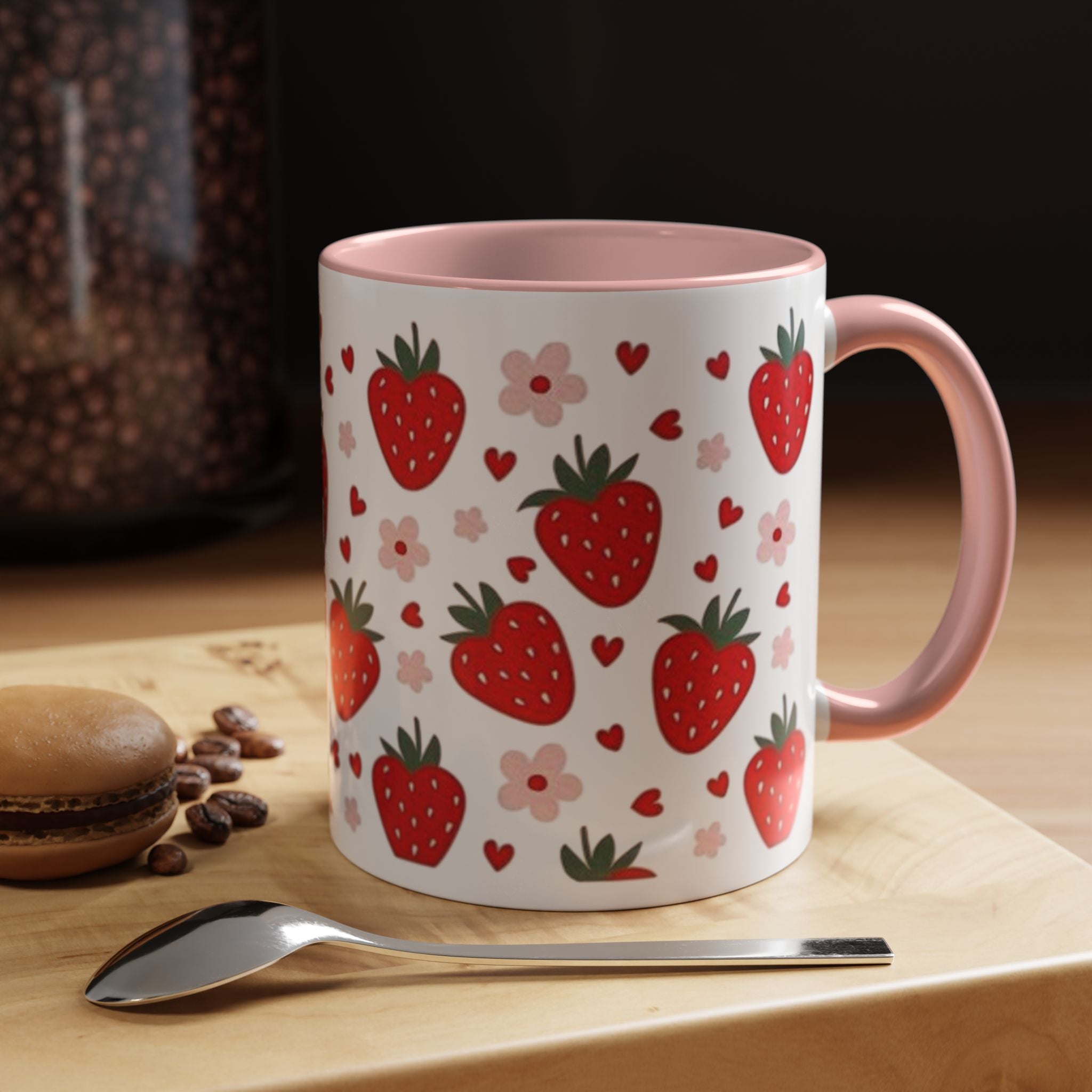 Strawberry Pattern Accent Coffee Mug — Cute Red Berries & Hearts 11/15oz