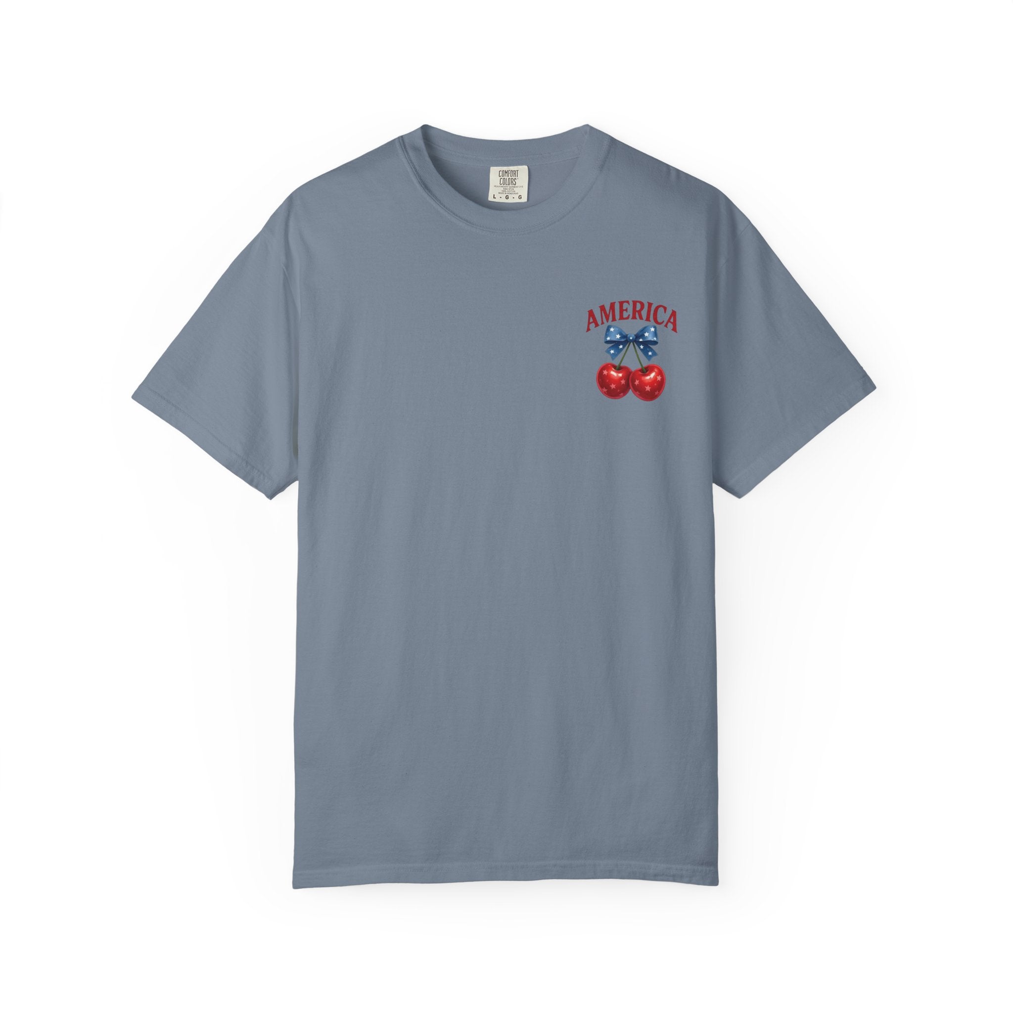 America Cherry Bow T-shirt | Patriotic Stars & Stripes Cherry Design