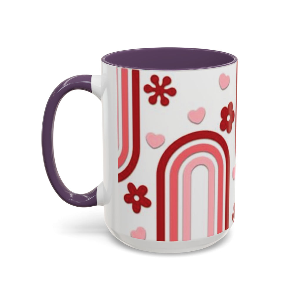 Retro Pink Rainbow Hearts and Flowers Accent Mug | 11oz or 15oz