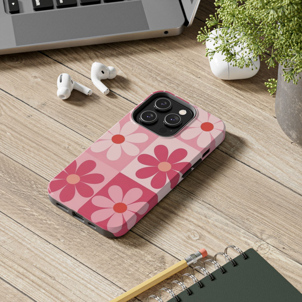 Pink Retro Daisy Phone Case — Tough Shockproof Floral iPhone Cover