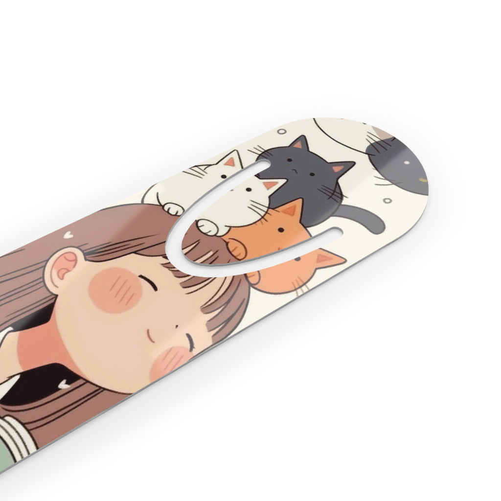 Bookmark — Cute Girl with Cats Metal Bookmark (Cozy Reading, Cat Lover Gift)