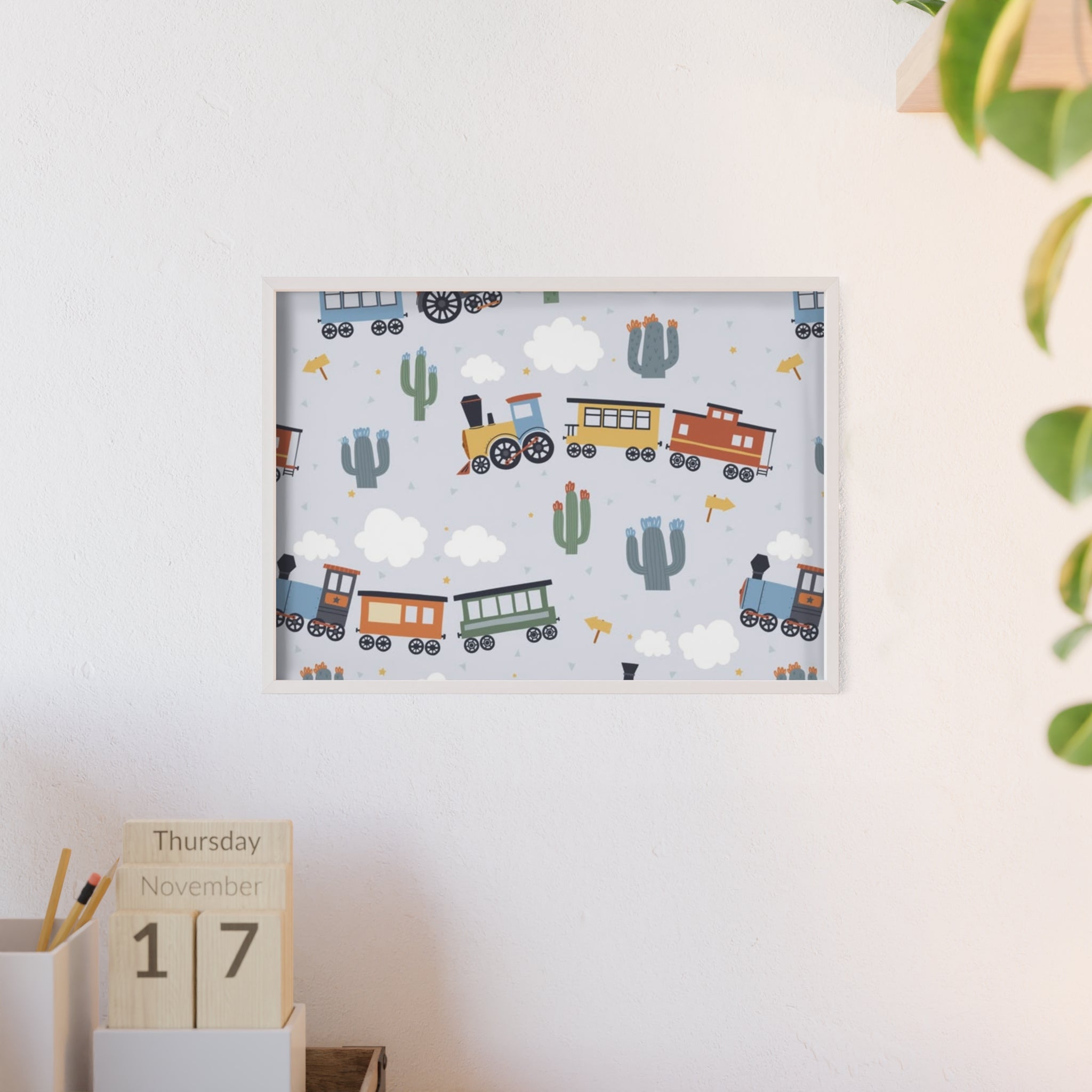 Kids' Train Poster with Wooden Frame — Nursery Wall Art, Playroom Decor