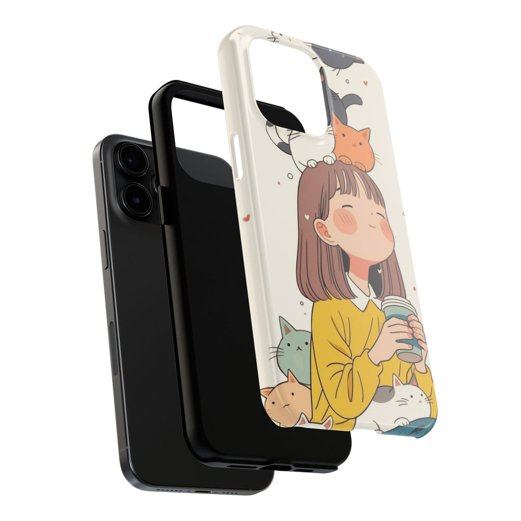 Girl with Cats Phone Case | Cute Cat Stack Illustration