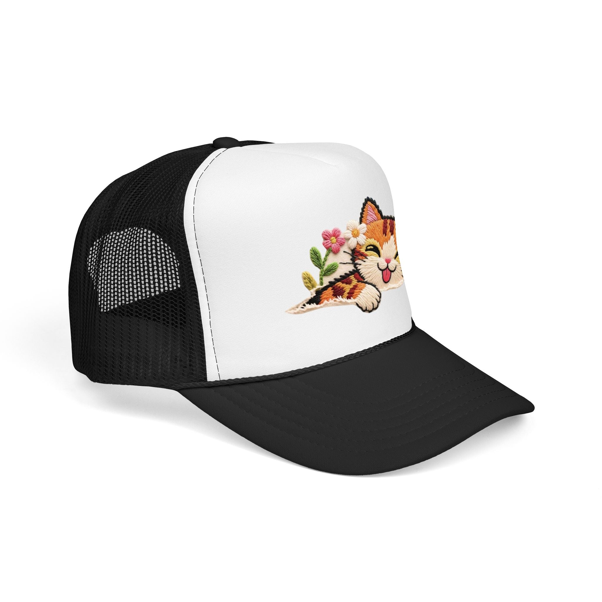 Trucker Hat — Cute Sleeping Calico Cat with Flowers Foam Mesh Cap