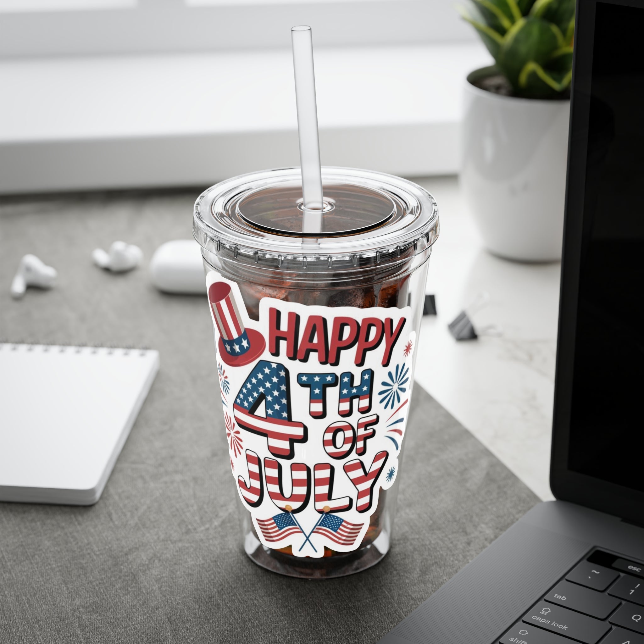 Happy 4th of July Tumbler | 16oz Straw Cup, Patriotic Fireworks Flag Design