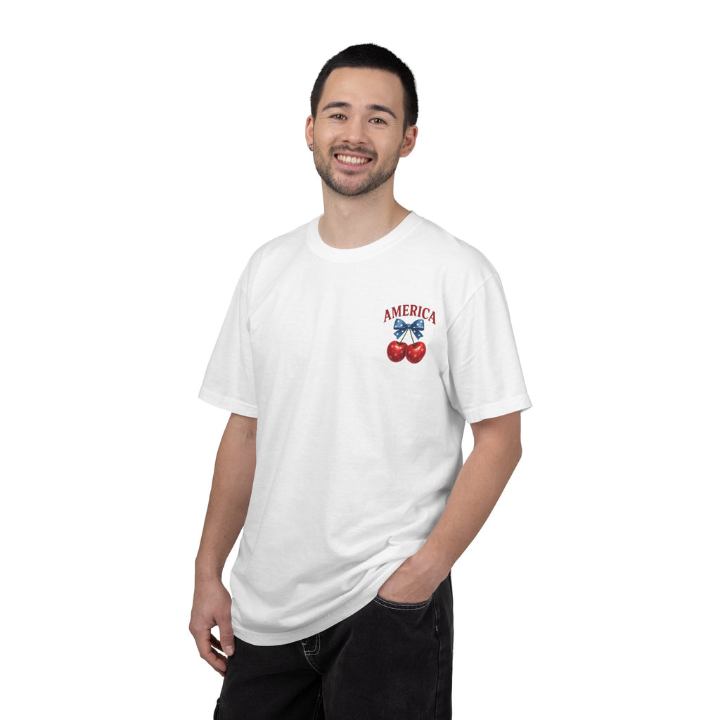 America Cherry Bow T-shirt | Patriotic Stars & Stripes Cherry Design