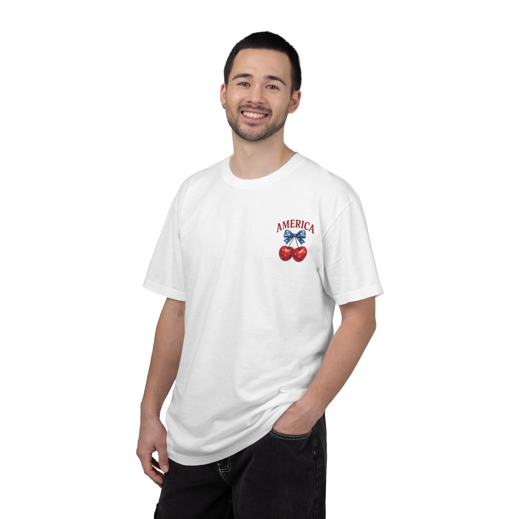 America Cherry Bow T-shirt | Patriotic Stars & Stripes Cherry Design