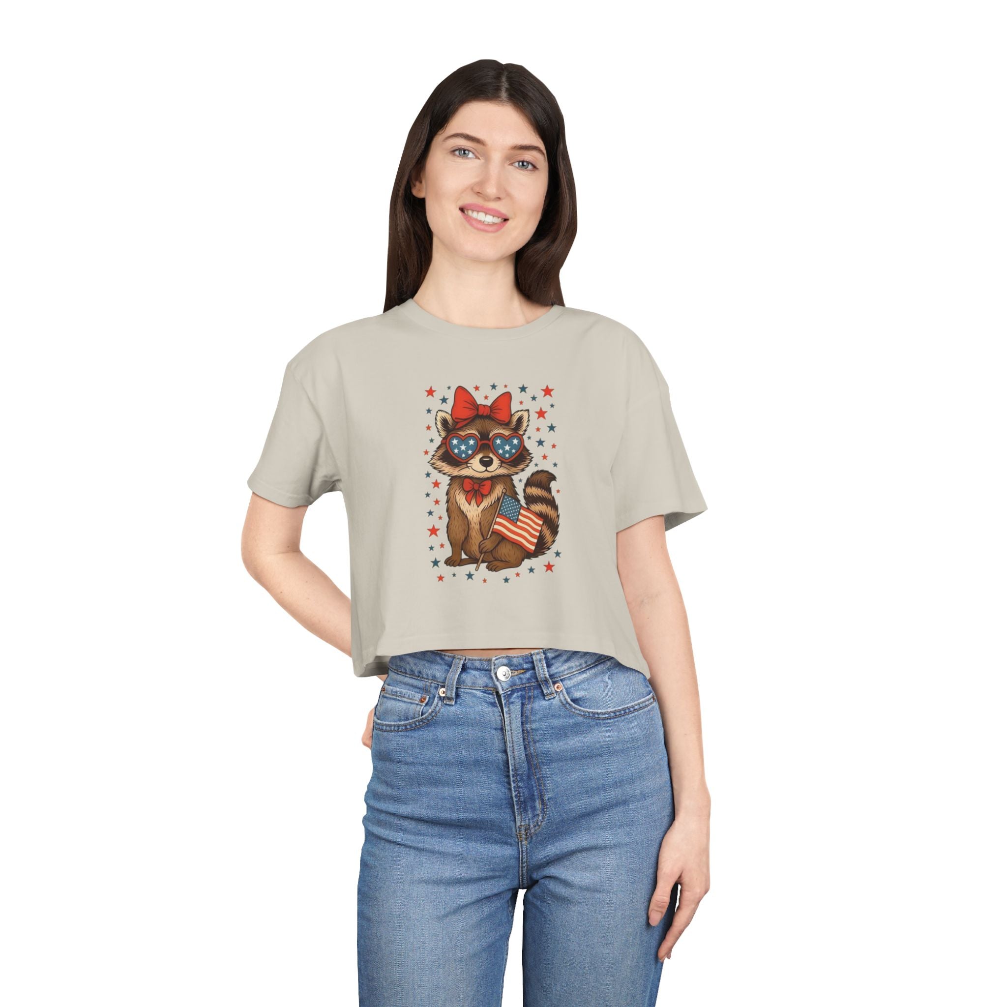 Patriotic Raccoon Heart Crop Tee | 4th of July Stars & Stripes