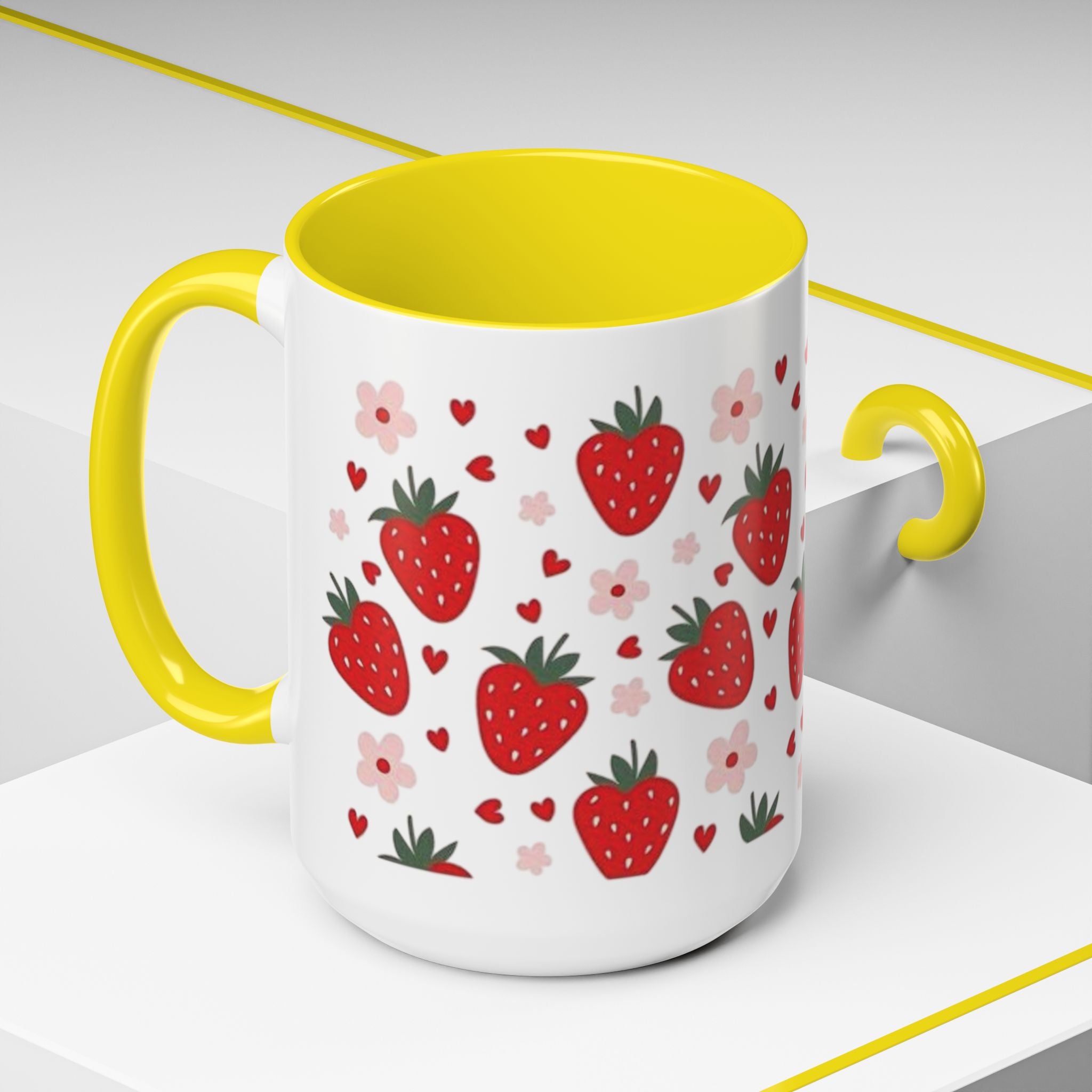 Strawberry Pattern Accent Coffee Mug — Cute Red Berries & Hearts 11/15oz
