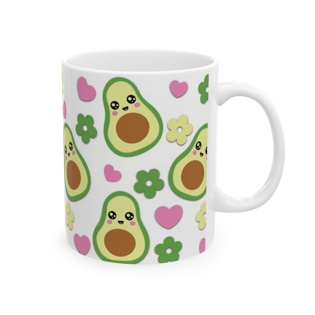 Avocado Pattern Ceramic Mug — Cute Kawaii Avocado Hearts & Flowers Coffee Cup (11oz/15oz)