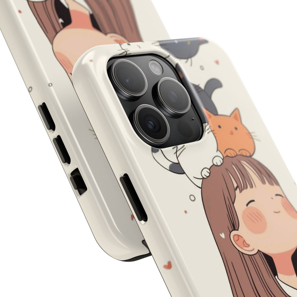 Girl with Cats Phone Case | Cute Cat Stack Illustration