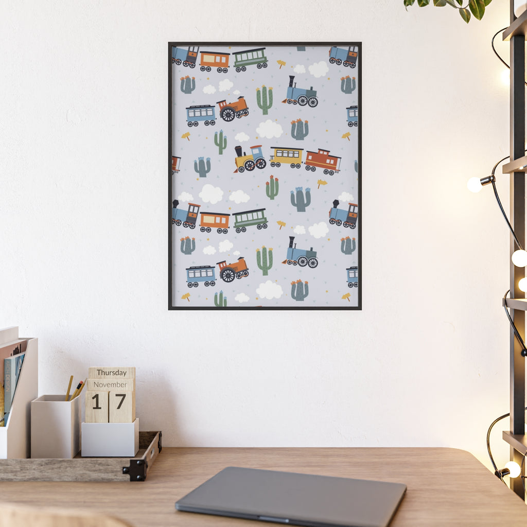 Kids' Train Poster with Wooden Frame — Nursery Wall Art, Playroom Decor