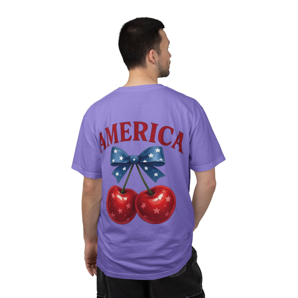 America Cherry Bow T-shirt | Patriotic Stars & Stripes Cherry Design