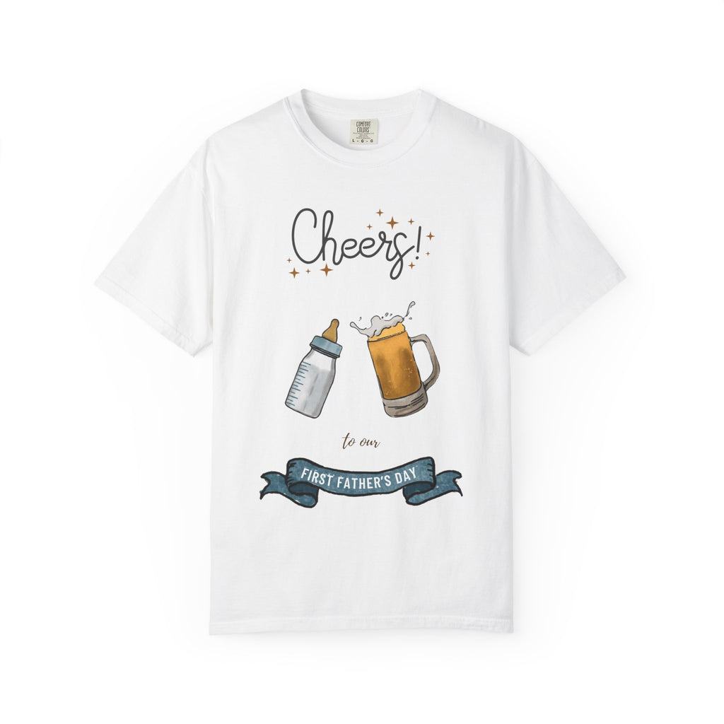 Cheers! Baby Bottle and Beer Mug First Father's Day T-Shirt | New Dad Tee