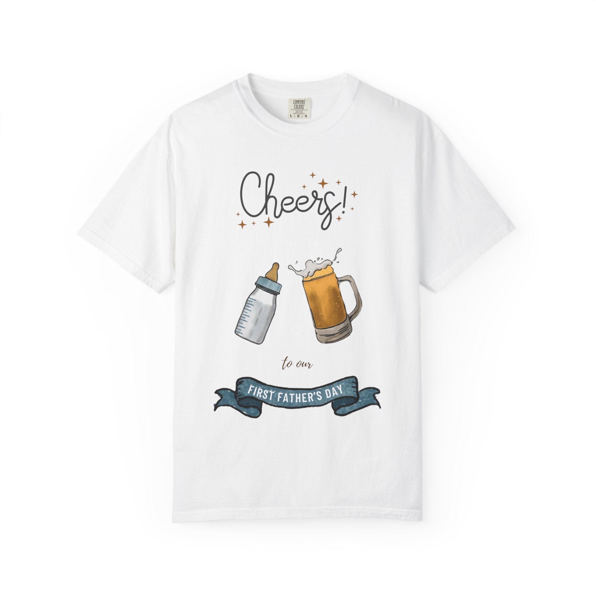 Cheers! Baby Bottle and Beer Mug First Father's Day T-Shirt | New Dad Tee