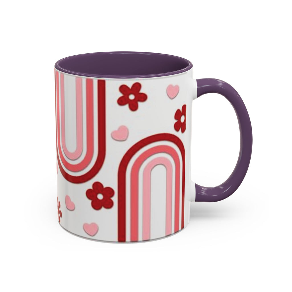 Retro Pink Rainbow Hearts and Flowers Accent Mug | 11oz or 15oz
