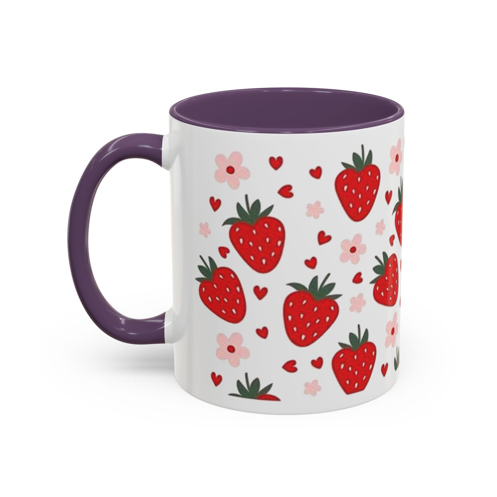 Strawberry Pattern Accent Coffee Mug — Cute Red Berries & Hearts 11/15oz